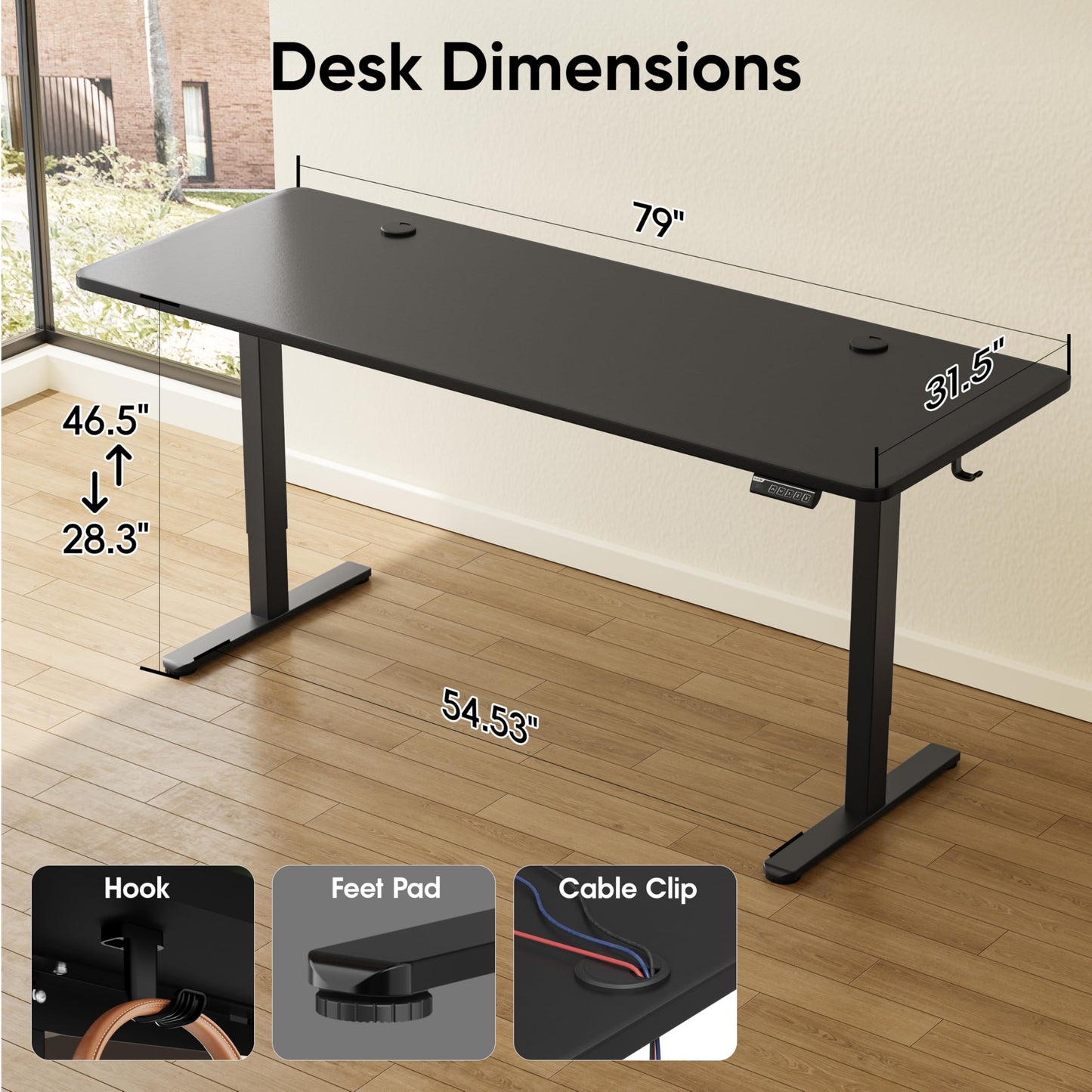 Monomi 79" Electric Standing Desk for Home Office - Large Adjustable Height Desk with 178 lbs Weight Capacity, 3 Memory Presets, Quiet Motor, Anti-Collision (Black)