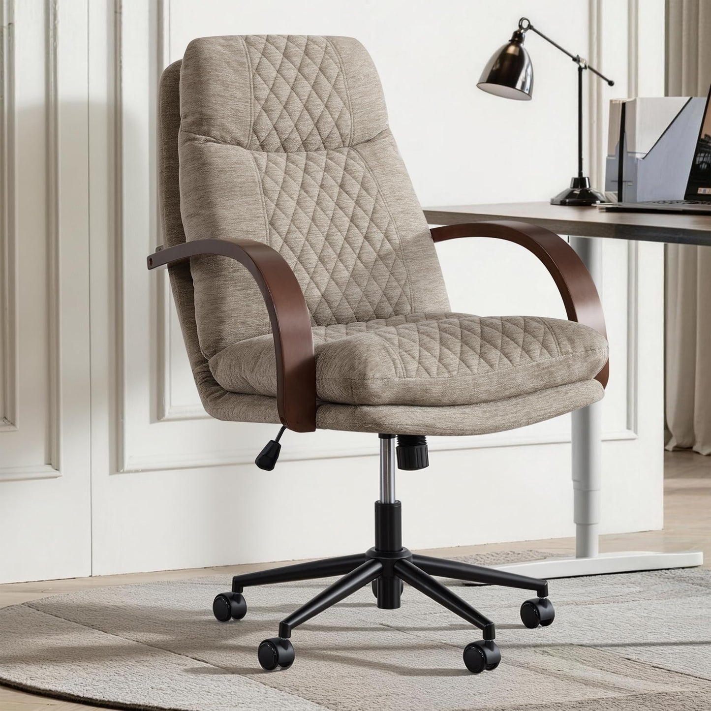 KISLOT Home Office Desk Chair, Ergonomic Office Chair with Lumbar Support, Adjustable Swivel Computer Chair with Wheels, Fabric Executive Task Chair with Wood Arms, Khaki