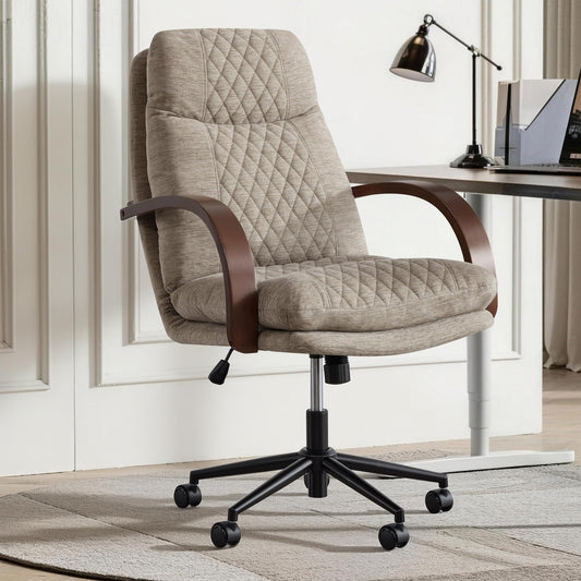KISLOT Home Office Desk Chair, Ergonomic Office Chair with Lumbar Support, Adjustable Swivel Computer Chair with Wheels, Fabric Executive Task Chair with Wood Arms, Khaki