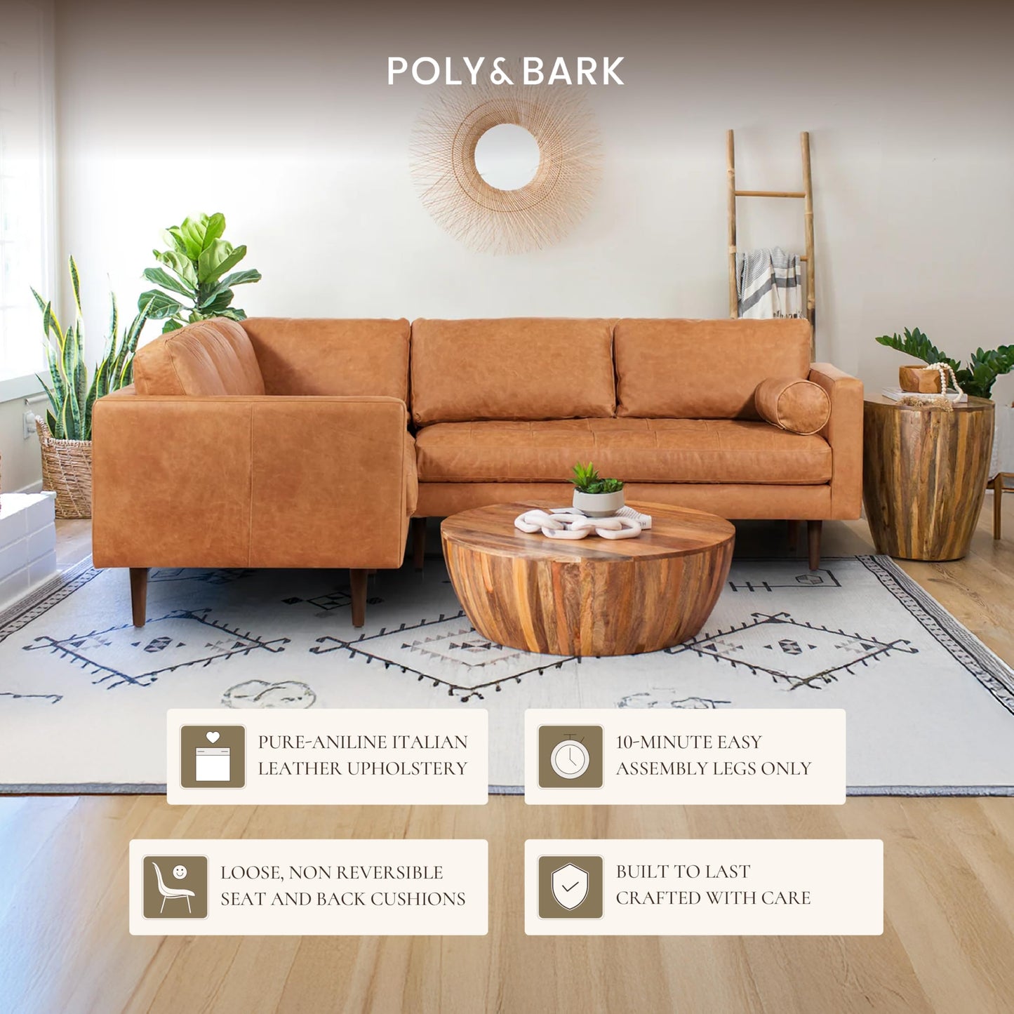 Poly & BARK Napa 98” Leather Corner Sectional Sofa – Full-Grain Italian-Tanned Aniline Leather, Feather-Down Comfort, Solid Wood Frame – Cognac Tan