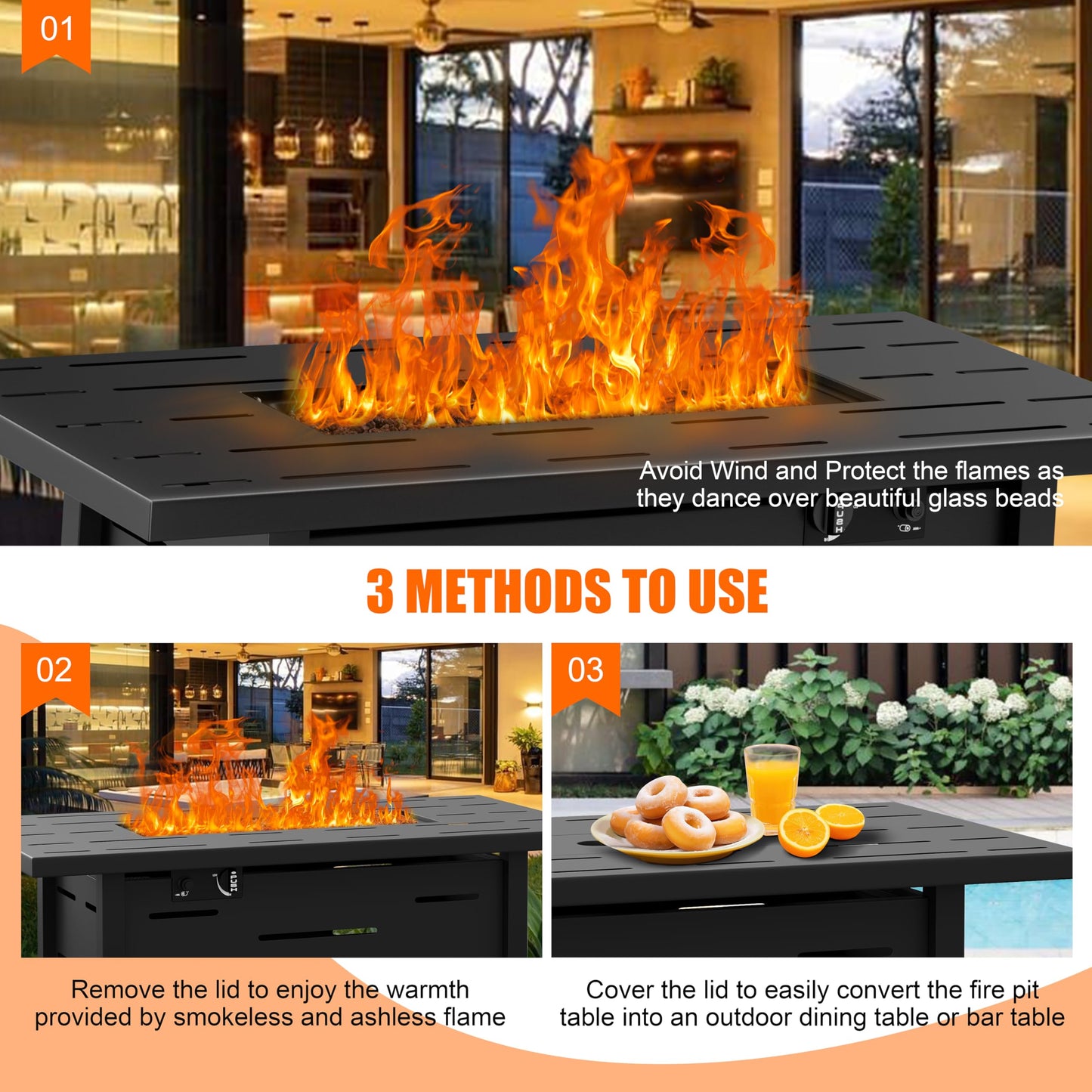 Shintenchi 42" Outdoor Propane Fire Pit 50,000 BTU Gas Fire Pit Table with Lid, Waterproof Cover, Rectangle Gas Firepit Table for Garden/Patio, CSA Certification, Black
