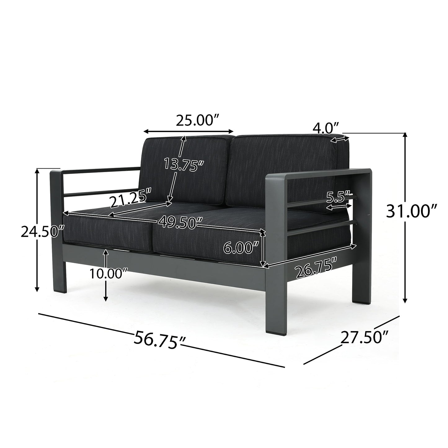 Christopher Knight Home Cape Coral Outdoor Aluminum 5 Piece Conversation Set with Water Resistant Cushions Grey Rectangular Fire Table, 56.75 "W x 27.5 "D x 24.6 "H, Gray + Dark Gray