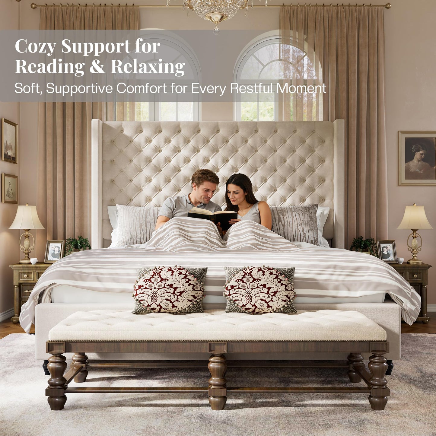 Jocisland King Size Bed Frame with 65" Tall Headboard, Upholstered Wingback Platform Design, Handcrafted Pleats & Deep Button Tufted, Solid Wood Legs, No Box Spring Needed, Cream