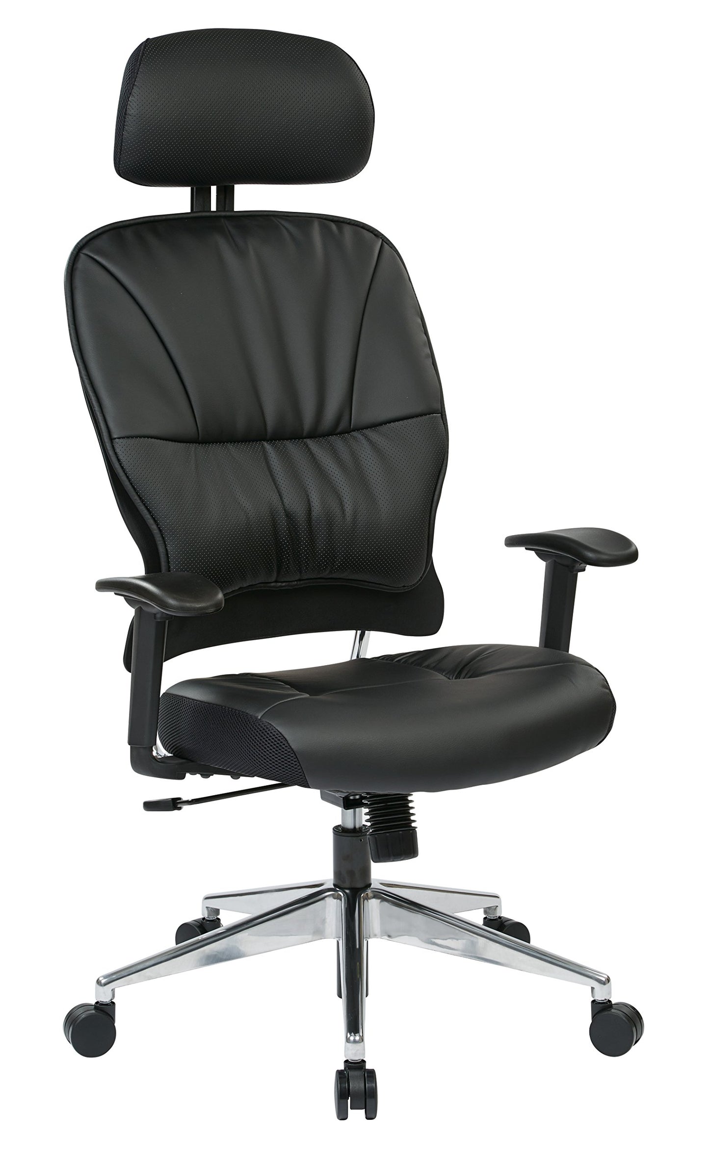Space Seating Eco Leather Seat and Back, Adjustable Arms and Polished Aluminum Finish Base Executives Chair with Adjustable Headrest, Black