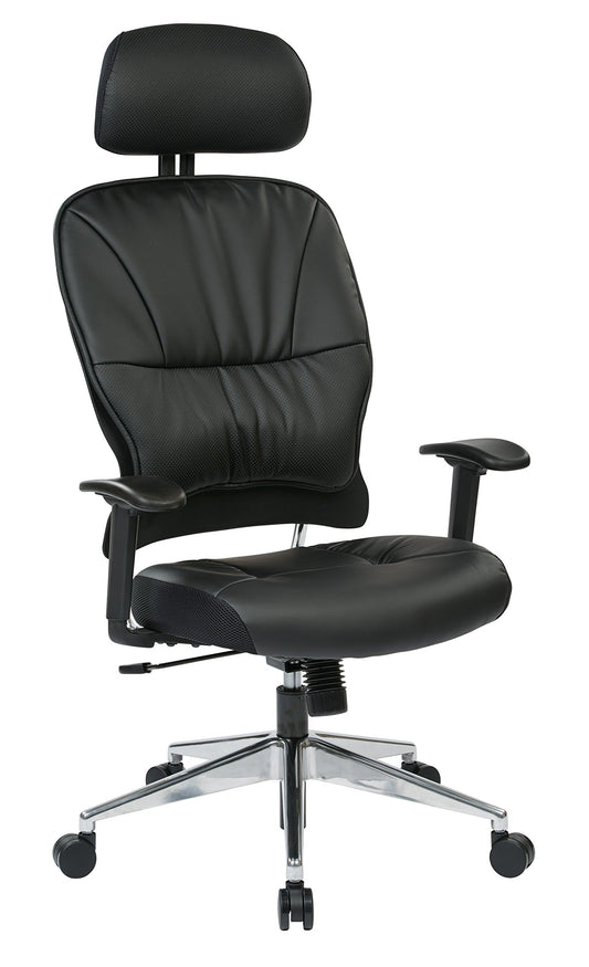 Space Seating Eco Leather Seat and Back, Adjustable Arms and Polished Aluminum Finish Base Executives Chair with Adjustable Headrest, Black