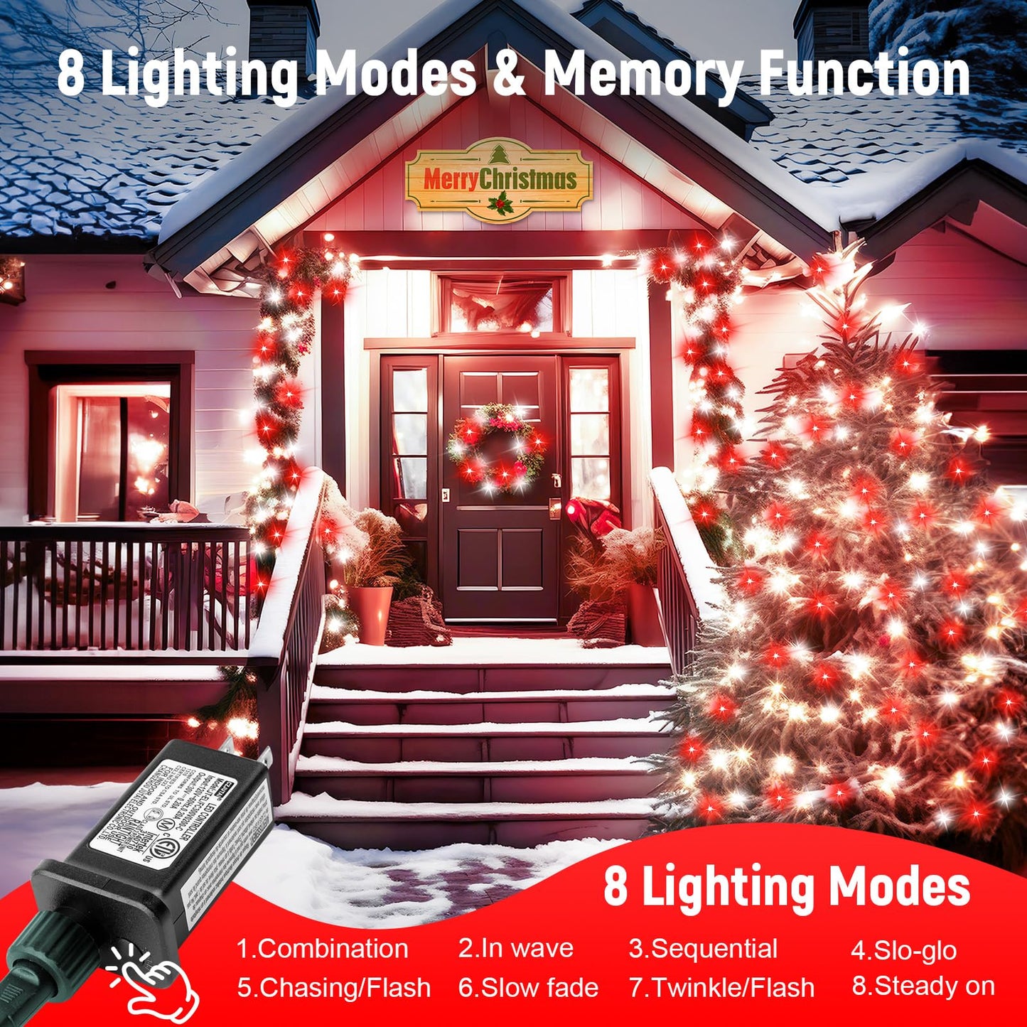Minetom LED Christmas Tree Lights 328 Ft, 1000 Lights, 8 Modes, Waterproof, Remote, Red & Cool White, Model DMO-S-1000