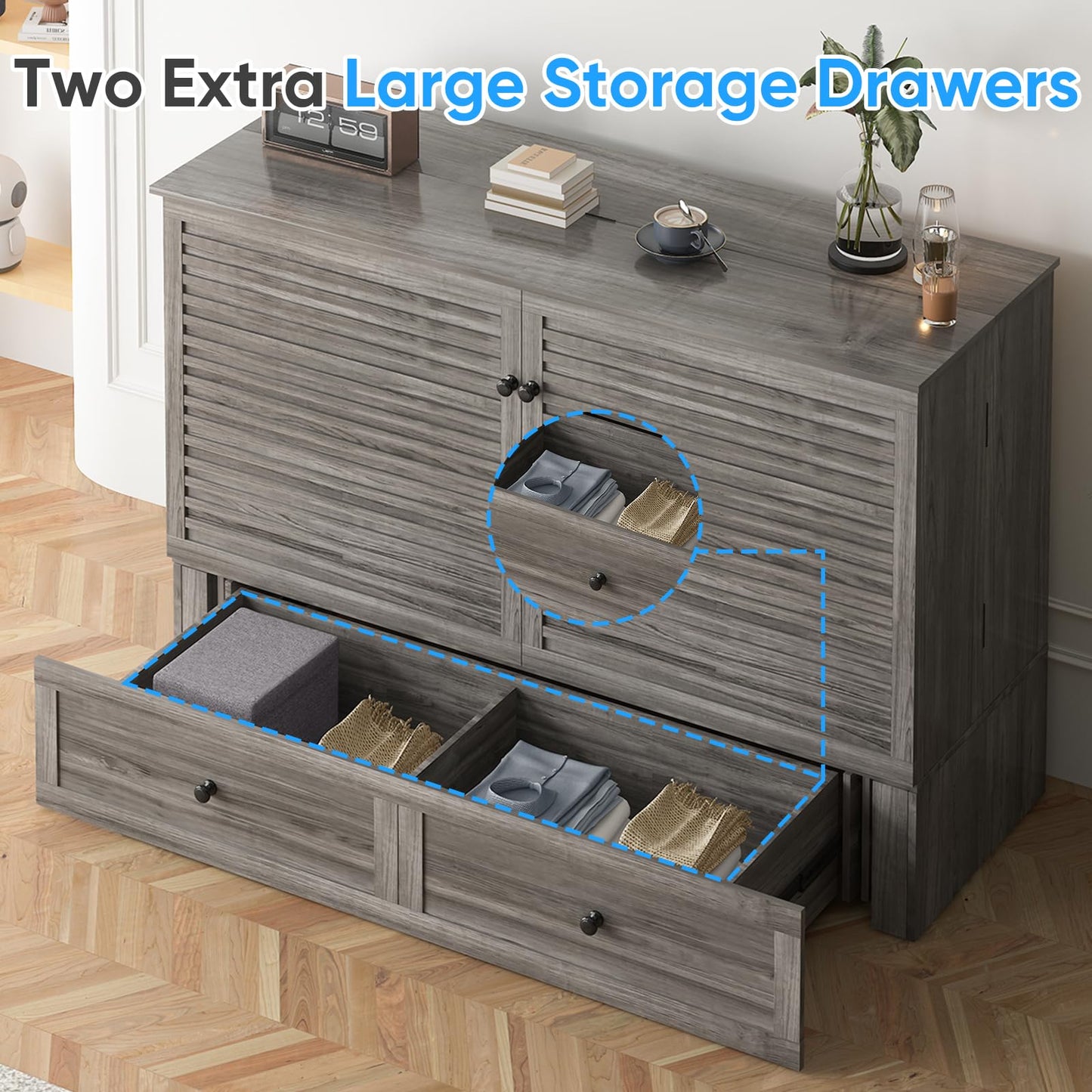 PUREMIND Queen Murphy Bed with Mattress Included, Murphy Bed Cabinet with Storage Drawer, Charging Station, Headboard, Space Saving Wall Beds for Guest Room
