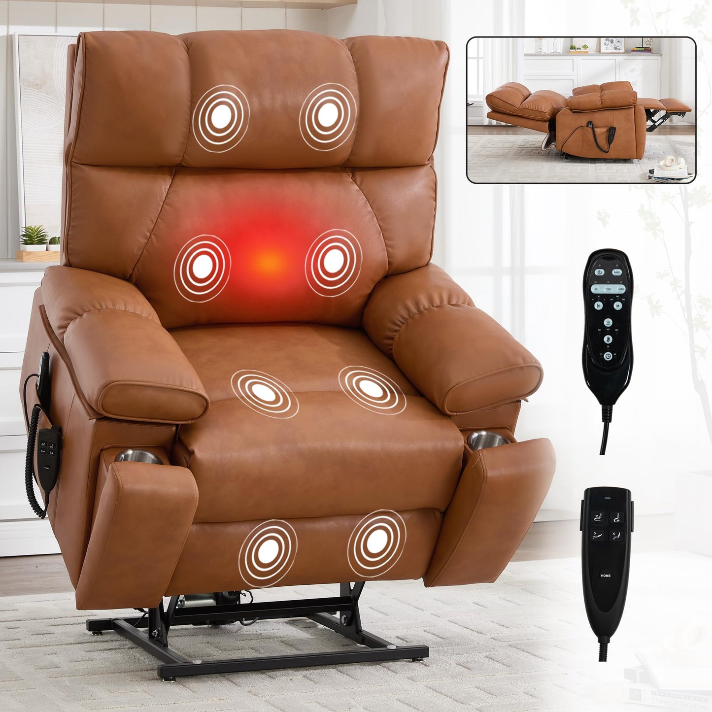 KEIKI Leatheraire Oversized Electric Power Lift Recliner Chair with Heat & Massage, Dual Motor, Infinite Positions, Hidden Cup Holders, Medium-Firm, Heavy Duty Up to 350 lbs, Orange