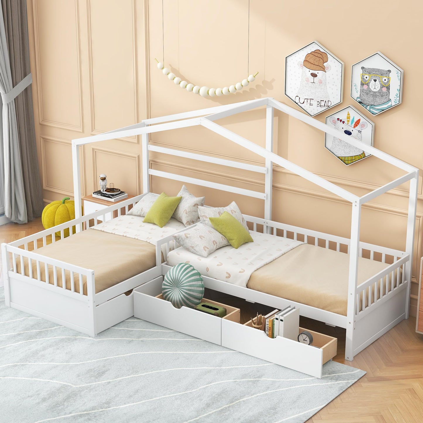 Merax House Bed for 2 Kids Twin Size, Wood L-Shaped Double Platform Bed with 3 Storage Drawers, for Boys Girls Teens, White