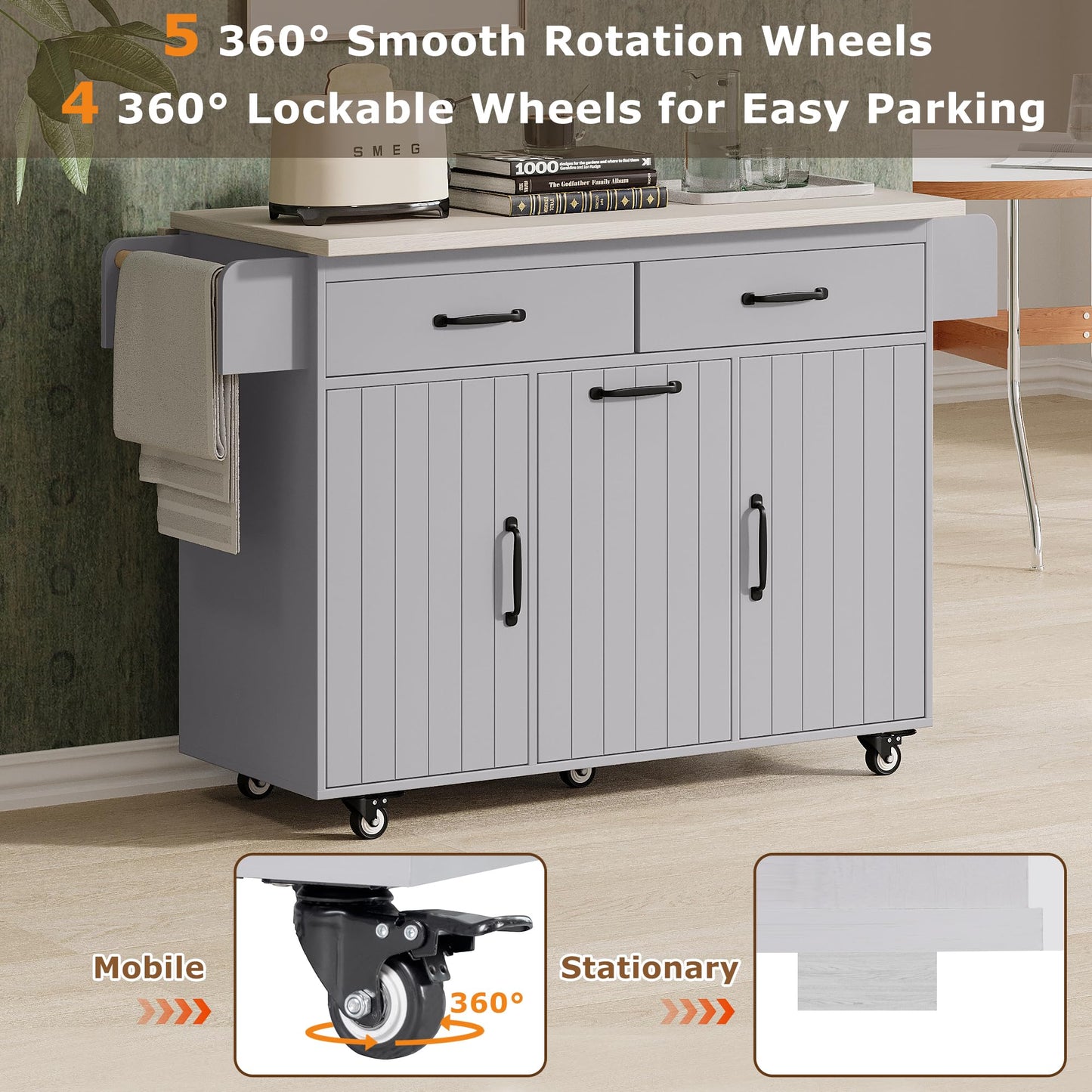 Ball & Cast Kitchen Island with Trash Can Storage Cabinet,Kitchen Cart W/Drop Leaf,Spice Rack,Towel Rack and Drawers,Rolling Kitchen Islands on Wheels W/Adjustable Shelf for Dining Room,Grey