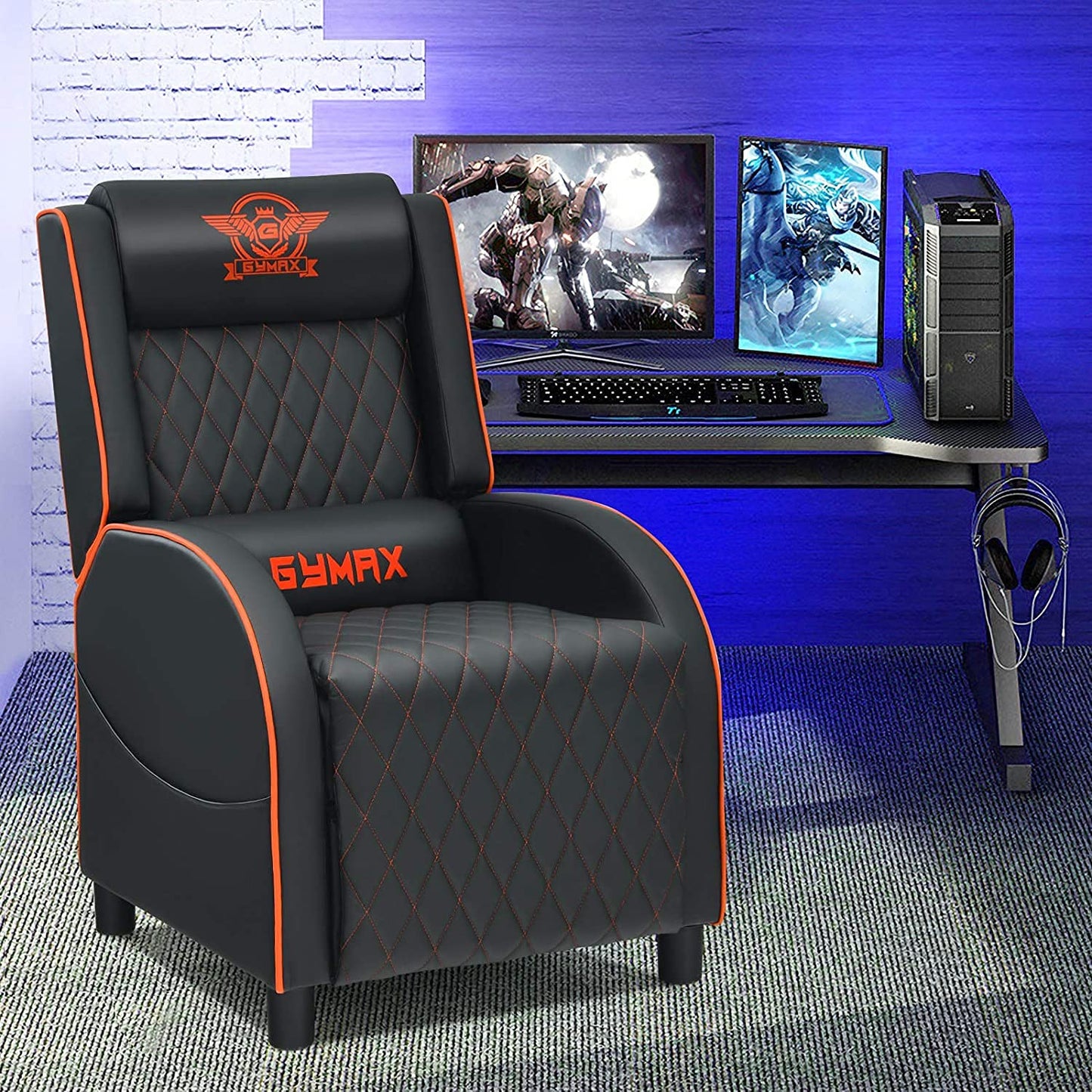 CHEFJOY Massage Gaming Recliner Chair, PU Ergonomic Single Sofa w/Headrest, Lumbar Support, Racing Style Reclining Home Theater Seating for Living Bedroom Gaming Room (Orange)