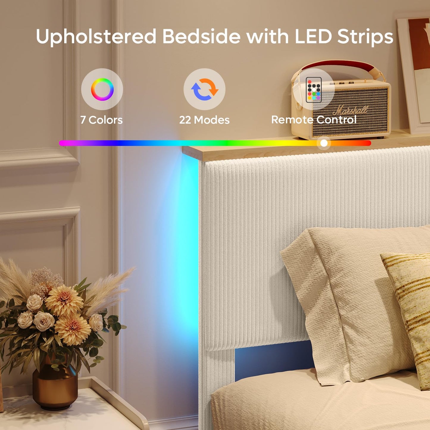 Bestier Queen Bed Frame with Adjustable Headboard & LED Lighting, Corduroy Upholstered Platform Bed Frame with Storage Shelf, Solid Wood Slats, No Box Spring Needed,Never Squeak, Easy Assembly, Beige