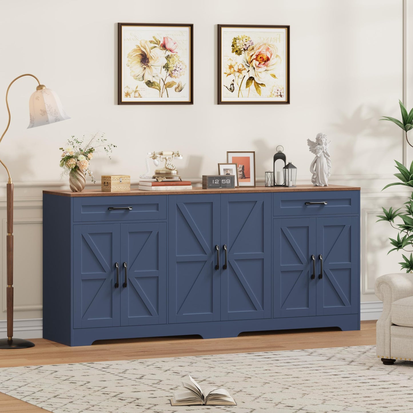 71” Large Sideboard Buffet Cabinet with Storage, Farmhouse Kitchen Buffet Cabinet with Adjustable Shelves and 6 Barn Doors, Wood Coffee Wine Bar Console Table for Kitchen, Dining Room, Navy Blue
