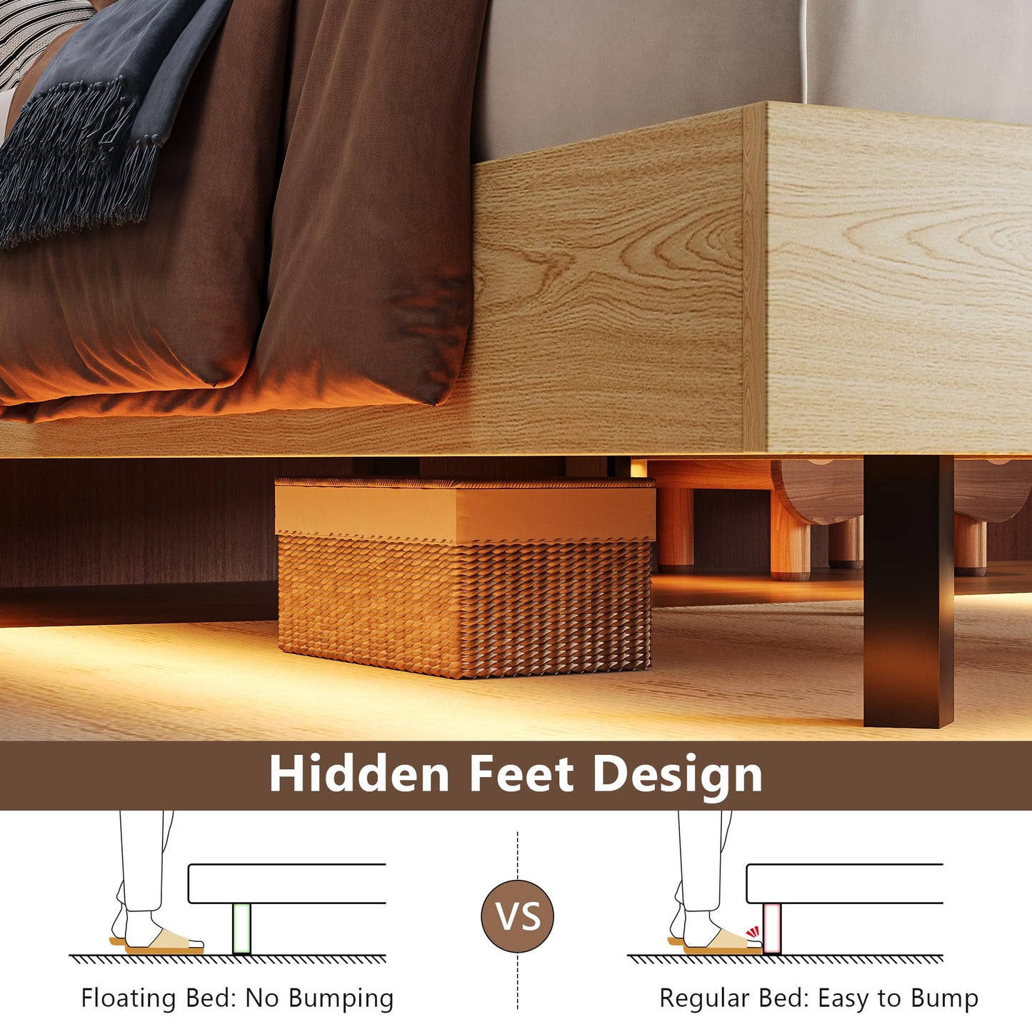 Einhomn Floating Bed Frame Twin with 2-Tier Storage Velvet Fabric Upholstered Headboard, Wooden Platform Bed Frame w/Charging Station & LED Lights, Metal Slats Support, No Box Spring Needed, Natural