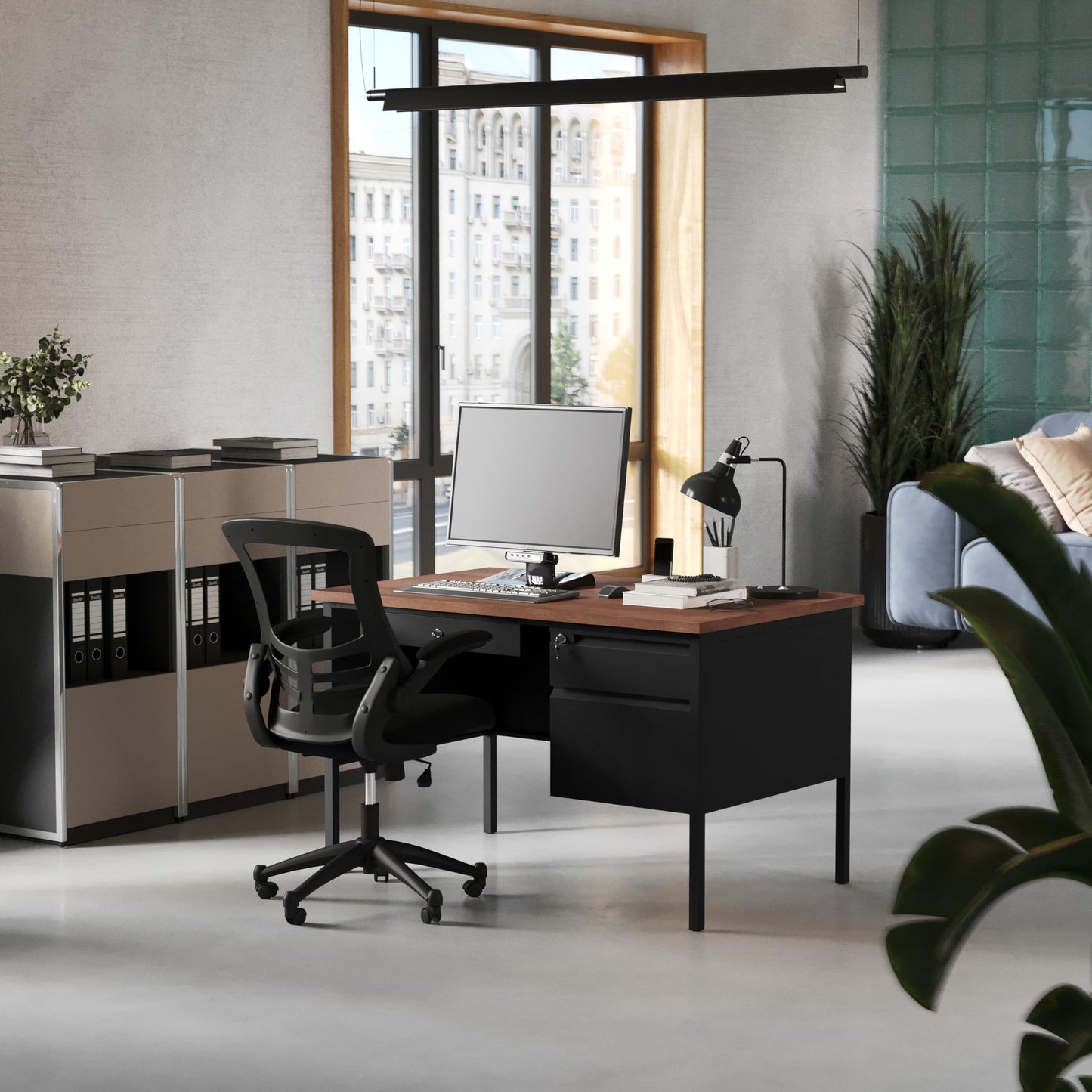 Flash Furniture Cambridge Right Side Single Pedestal Desk with 3 Locking Drawers, Commercial Grade Teacher's or Office Desk, 30x48, Metal Frame, Walnut/Black