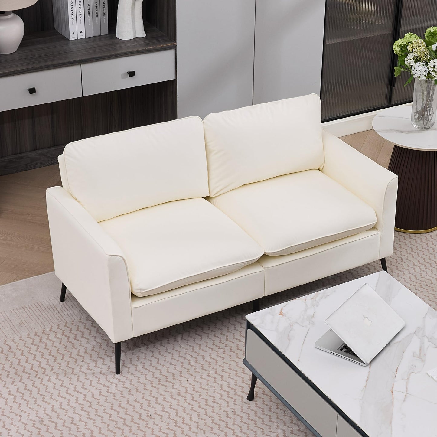 KEIKI Faux Leather Loveseat, Mid Century Modern Comfy Sofa Couch, Mini Deep Seat 2-Seater Settee Loveseat Couches for Office Living Room Bedroom Apartment Dorm Small Space, Cream White