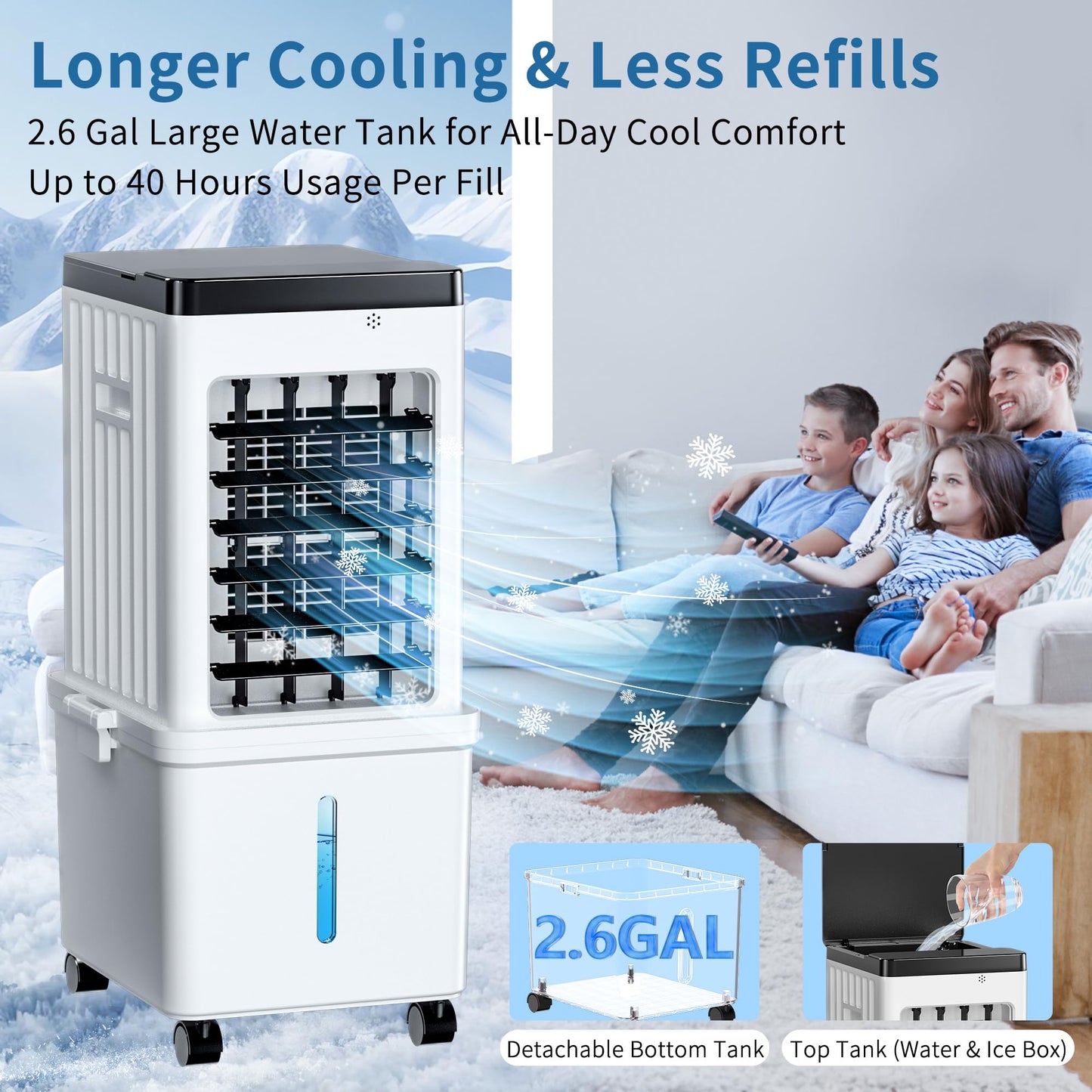 Portable Air Conditioners, Swamp Cooler Portable AC Unit with Removable 2.6 Gal Water Tank, Windowless Evaporative Air Cooler with 3 Speeds for Bedroom & Office, Fast Cooling Portable AC for Home Use