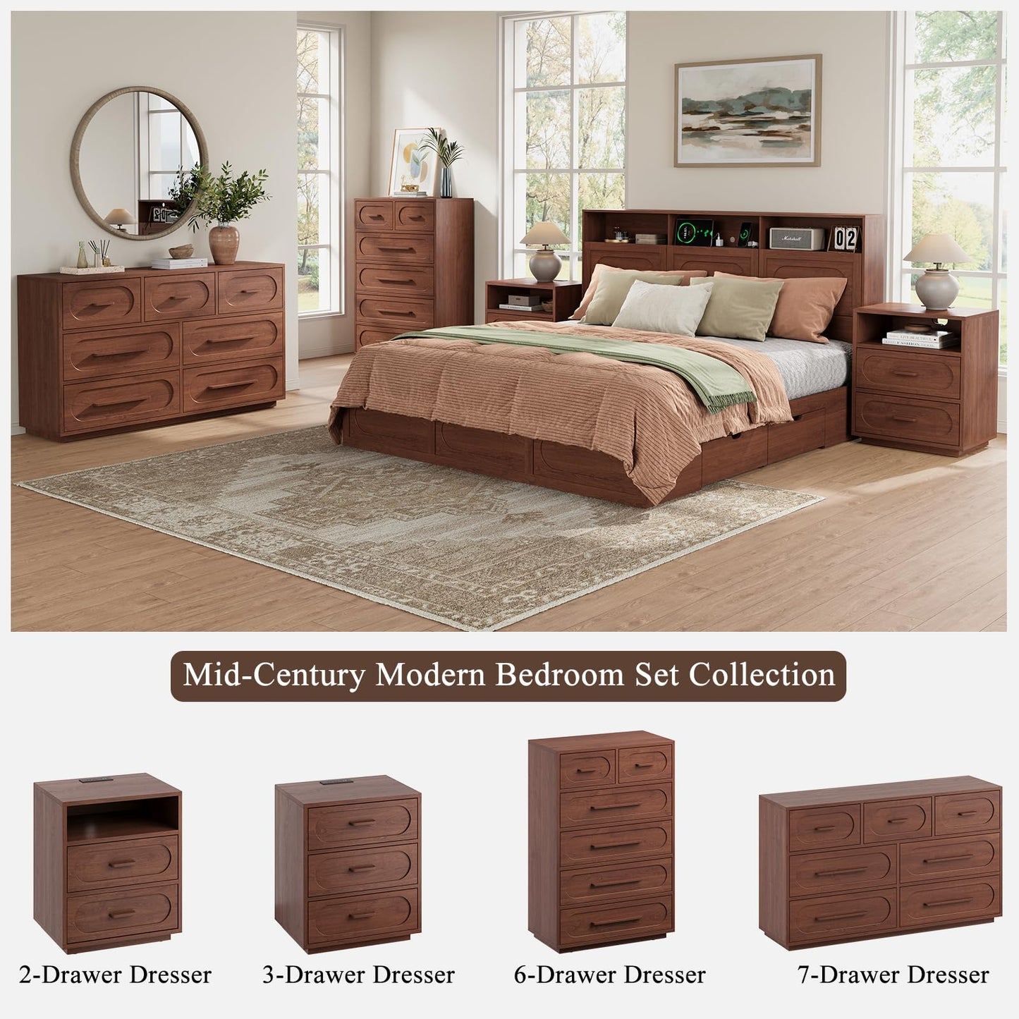 YANSNWO Walnut 6 Drawer Dresser for Bedroom, 44" Tall Dressers & Chest of Drawers w/Solid Wood Handle, Wood Mid Century Closet Organizers and Storage Cabinet for Bedroom, Living Room, Hallway, Walnut