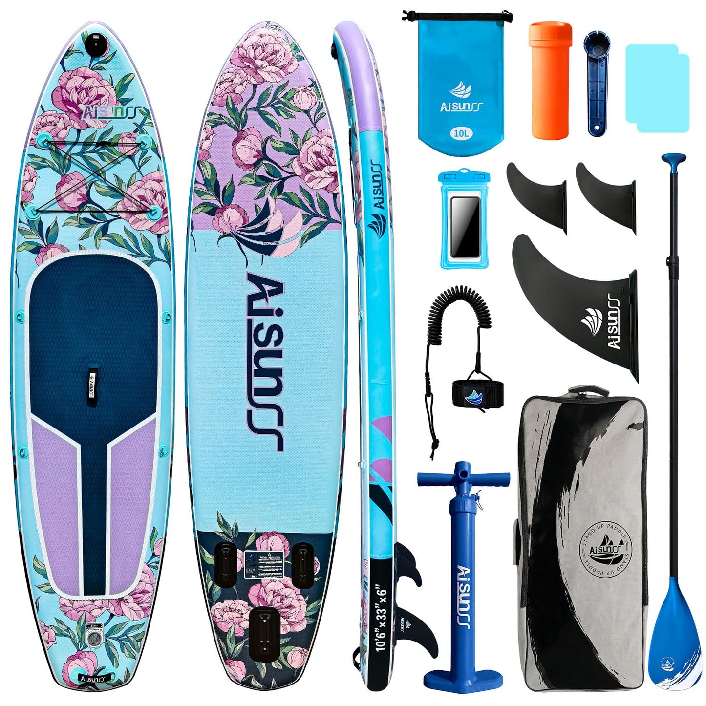 AISUNSS 10.6’ Inflatable Stand Up Paddle Board, 33’’ Wide Stance Paddle Boards with Premium Paddleboard Accessories, Double Action Pump, Removable Fin for Youth & Adults (Flowers Blue)