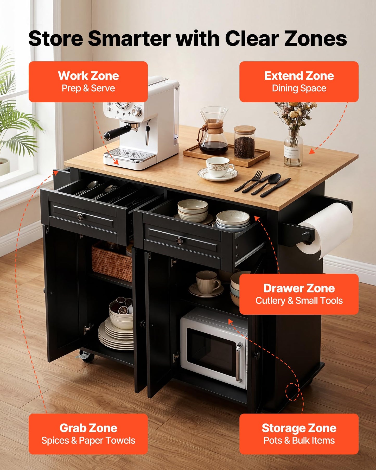 VEVOR Kitchen Island Cart with Storage, 43.58 in Wide Mobile Rolling Storage Island on Swivel Wheels, with 2 Drawers, Storage Cabinet, Drop Leaf, Spice/Towel Rack, Table for Home Dining Room, Black