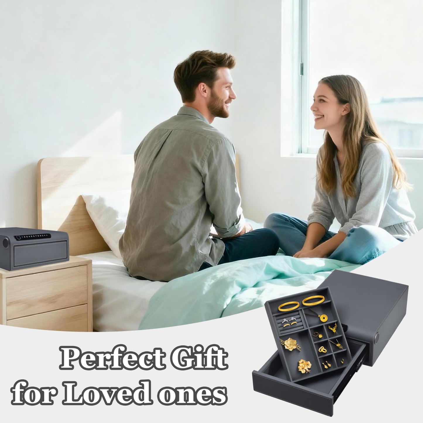 VALINIRT Jewelry Safe with Drawers，Biometric Fingerprint safe, Slide-Away Handgun Safe for Pistols, Leather Wrapped Jewelry Storage Safe, Digital Keypad & Quick-Access Drawer (Grey- 1 Drawer)