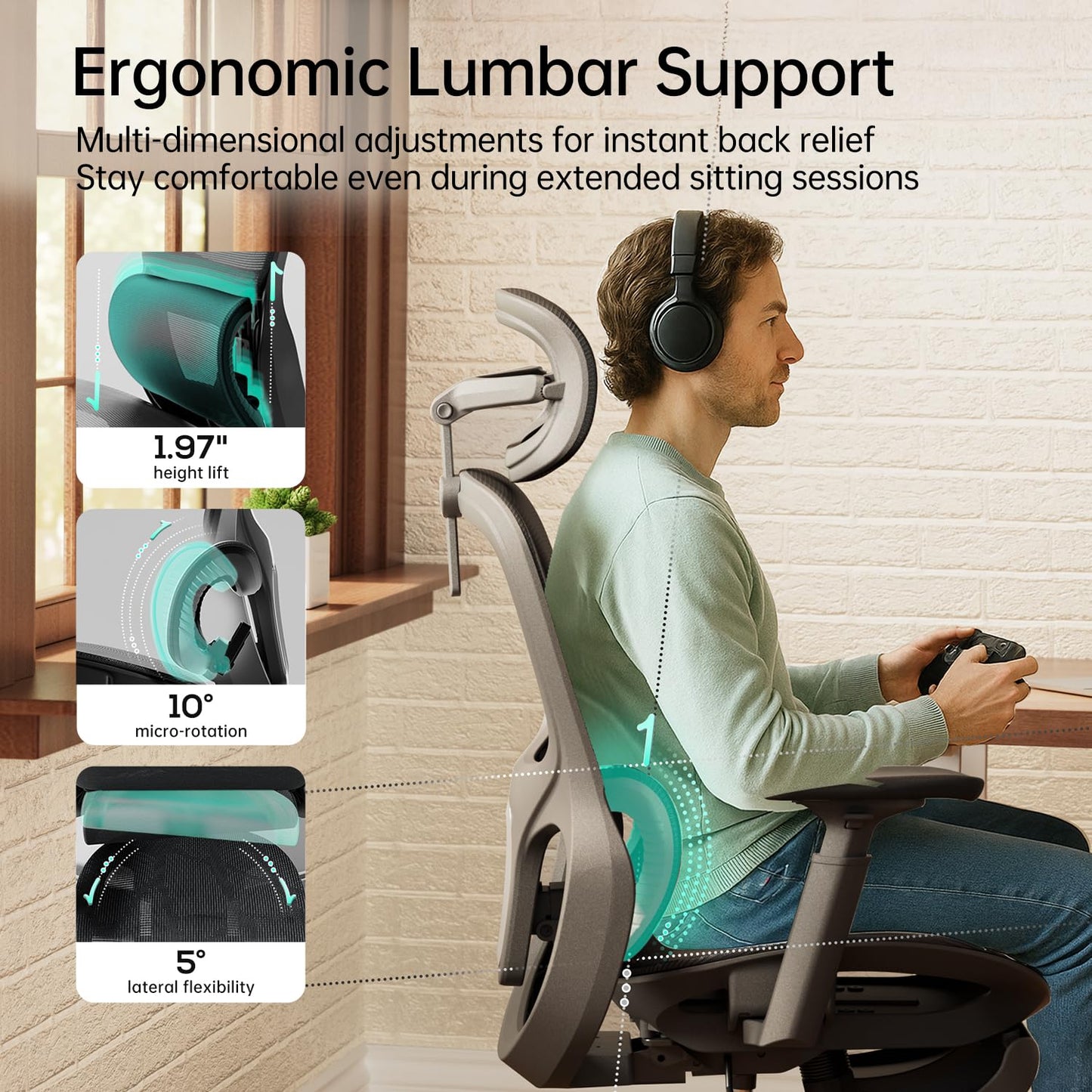 Hbada P2 Ergonomic Office Chair, Office Chair with 3D Lumbar Support, Mesh Chairs with 3D 360° Rotation Arm & 3D Headrest, 135° Stepless Tilt Function, Black(with Footrest)