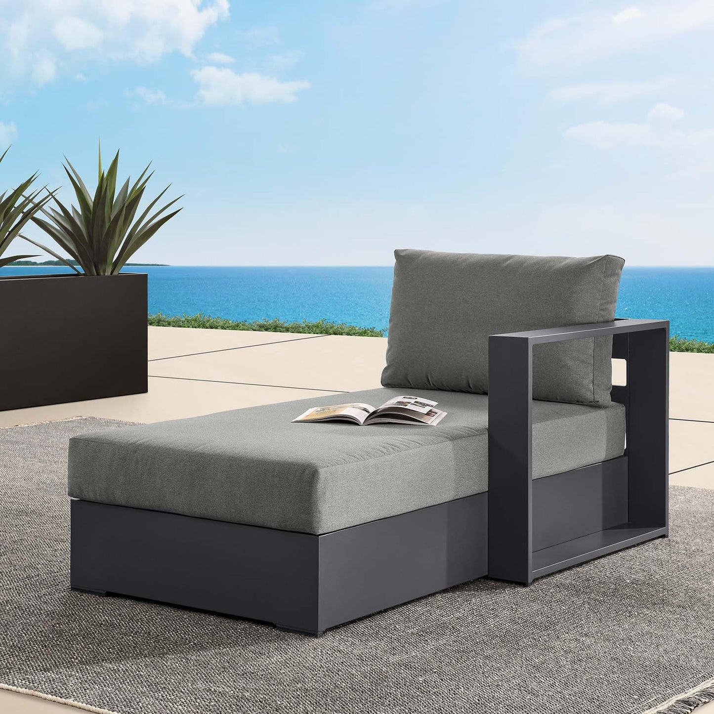 Modway Tahoe Powder-Coated Aluminum Outdoor Chaise Lounge in Gray Charcoal with Weather-Resistant Cushions, Modular Right-Facing Patio Lounger for Pool Furniture or Sectional Sofa Set