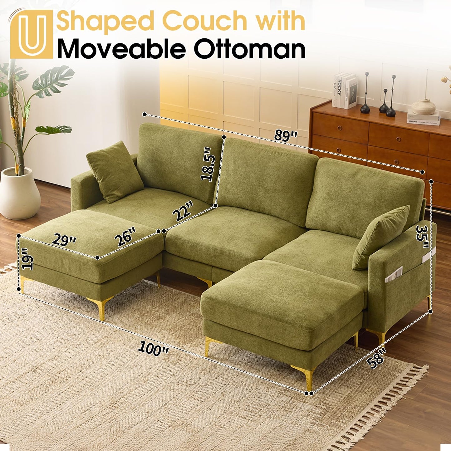 VINGLI 100" W U Shaped Couch with Ottoman, 22" Deep Seat Comfortable Sectional Couches for Living Room, 3 Seater Chenille Fabric Cloud Sofa for Apartment, Small Spaces, Bedroom, Green
