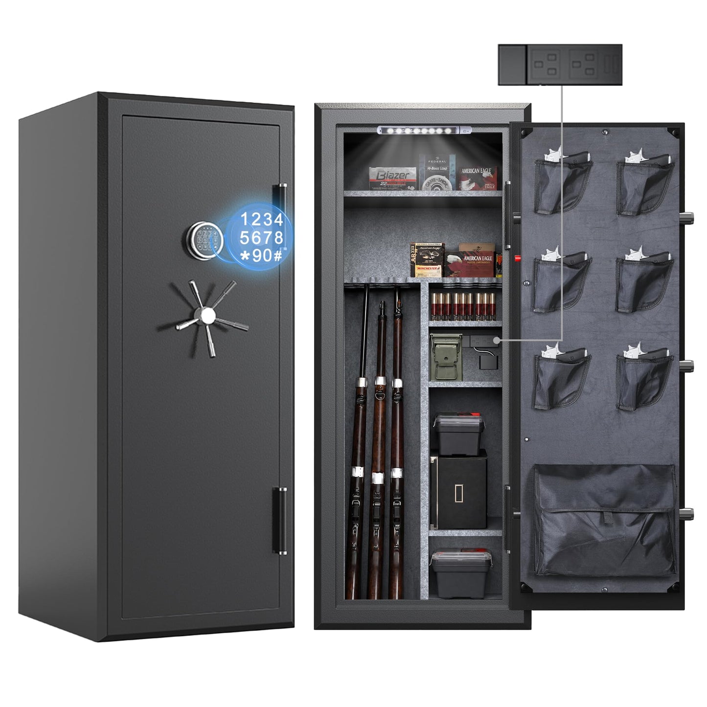 XPEDITION 34-Gun Fireproof Safe for Rifles & Pistols, Quick-Access Gun Cabinet with Keypad & Key Access, No Assembly Required, Combination Lock, Built-in Charging Ports