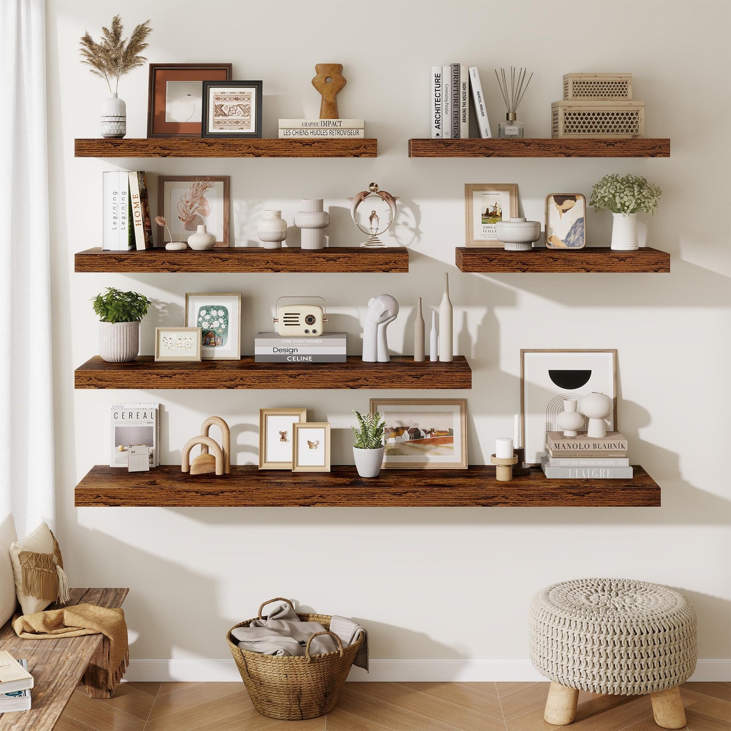 Fun Memories 72 Inch Fireplace Mantel Shelf, 12 Inch Deep Shelves for Display & Wall Storage, Rustic Wood Wall Shelf, Extra Long Floating Shelves for Living Room Laundry Room, Rustic Brown, Set of 2