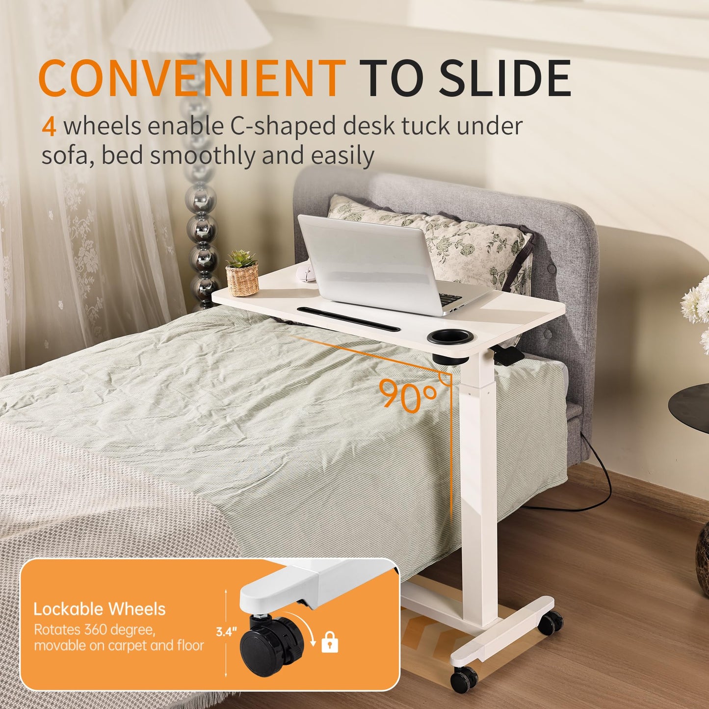 yaaqoo Height Adjustable Overbed Table with Drawer and Wheels, Rolling Standing Laptop Desk, Portable Bedside Tables with Slot, Cup Holder, Mobile Pneumatic Computer Cart, White