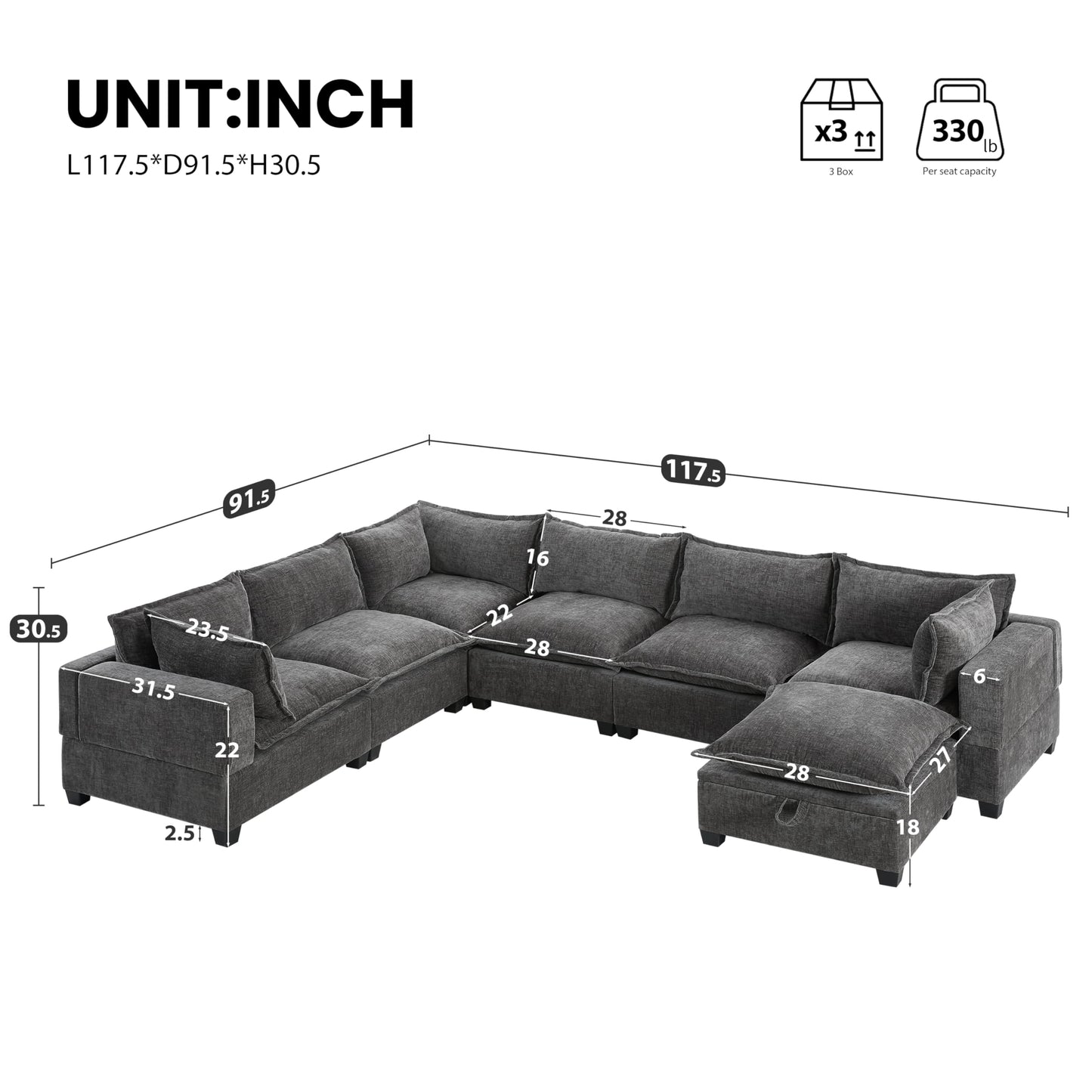 Merax Modern Oversized U-Shaped Sectional Sofa with Piollows & Chaise Lounge, Chenille 7-Seat Couch Set Sleeper Bed with Storage Ottoman for Living Room Gray