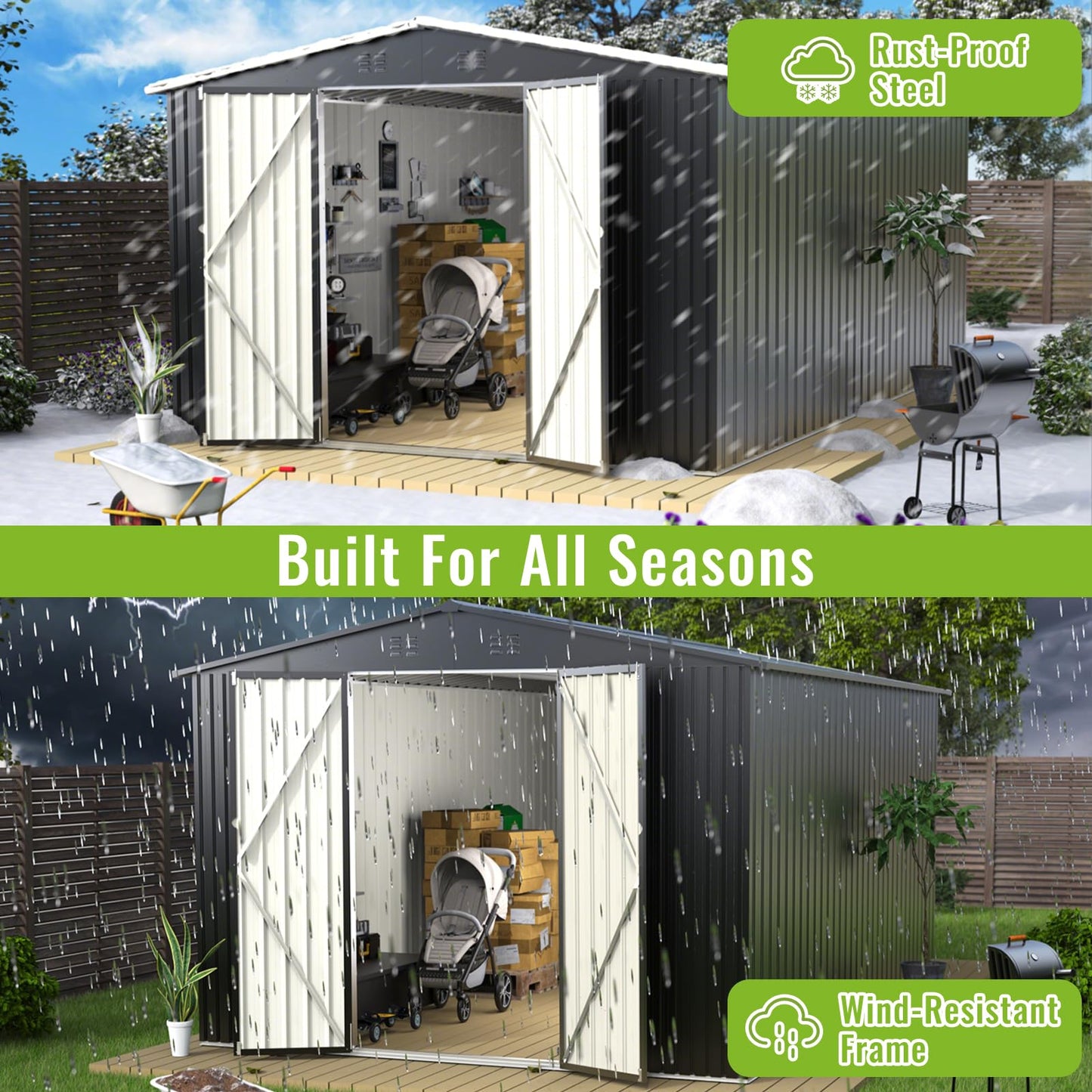 PABIMIA 10X14 FT Outdoor Storage Shed, Durable Metal Outside Storage with Lockable Doors, Waterproof Storage Shed for Tools, Equipment, Ideal for Backyard Garden Patio Lawn