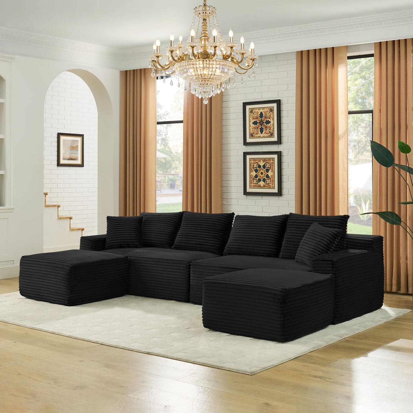 U-Shaped Compressed Modular Foam Sofas Symmetrical Boneless Cloud Sectional Couch with 2 Ottomans, Plush Corduroy Corner Sofa