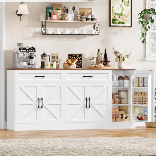 BOTLOG 71” Large Sideboard Buffet Cabinet with Storage, Farmhouse Buffet Cabinet with Adjustable Shelves and 3 Door Shelves, Wood Coffee Bar Console Table for Kitchen, Dining Room (White)