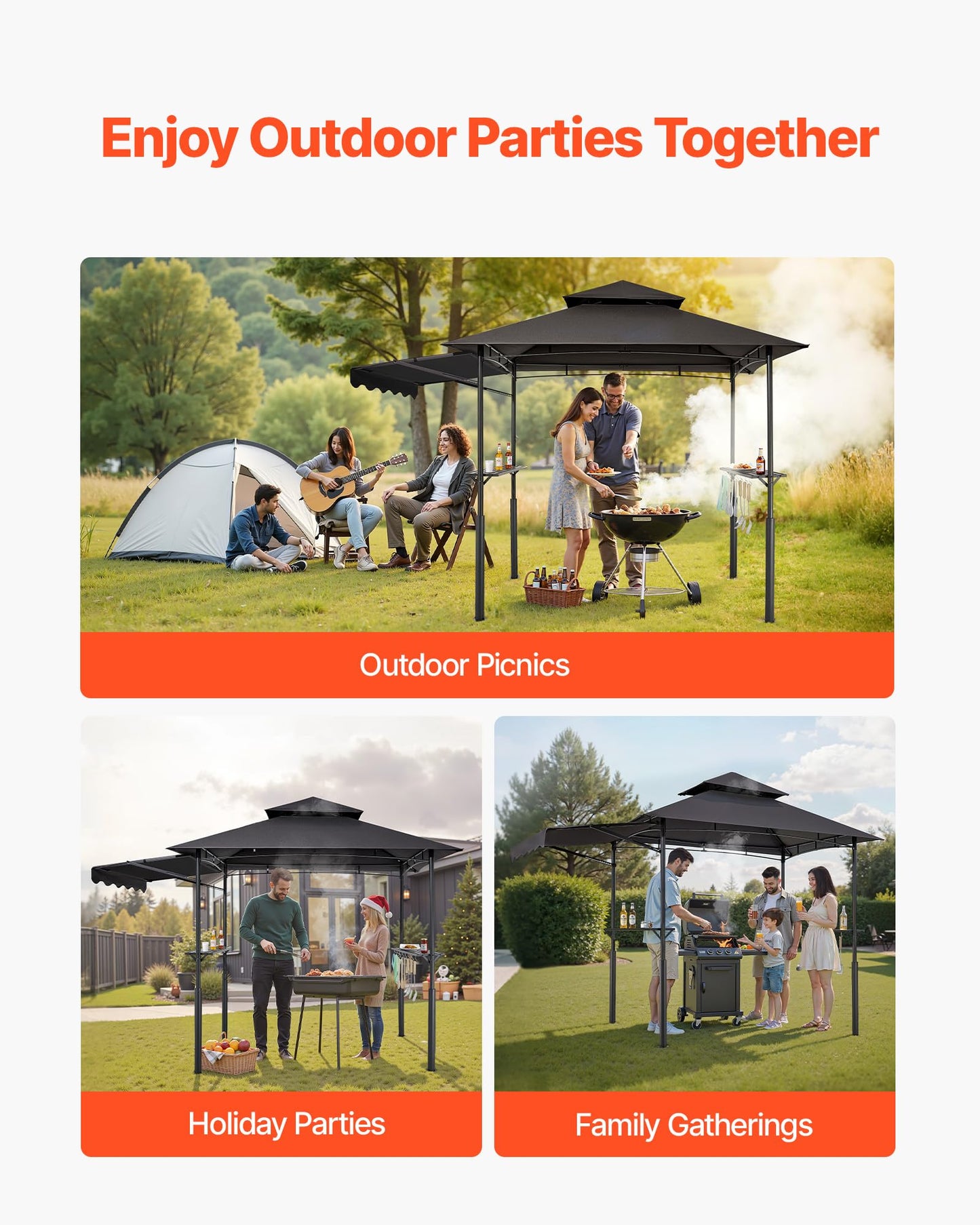 VEVOR Grill Gazebo, 8x5 ft BBQ Gazebo with Extra Awning, Double-Tiered Outdoor Grill Shelter, Thickened Support Legs, Powder-Coated Steel Grilling Canopy with Side Shelves, Bottle Opener & Hooks