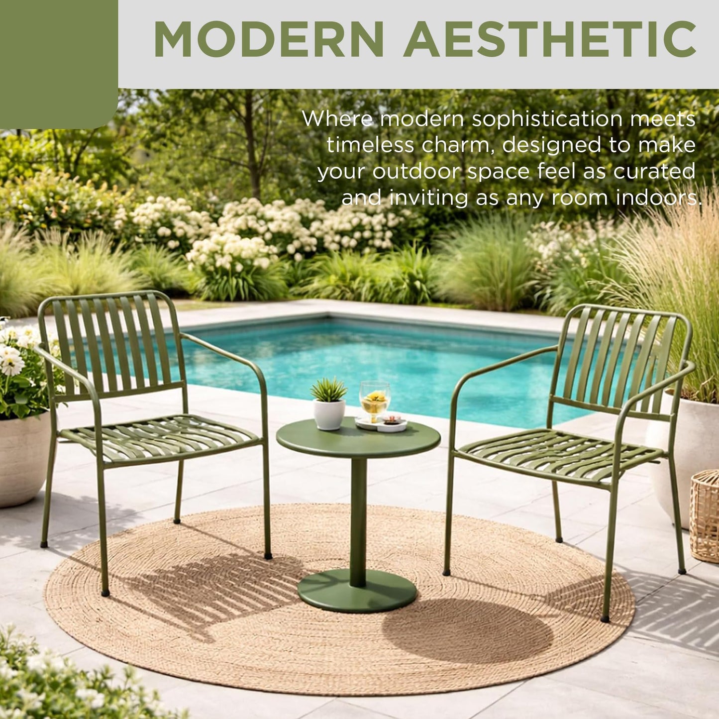 Alpine Corporation VTFAM152A Metal Outdoor Bistro Set, 3-Piece Patio Conversation Set with Round Side Table & 2 Chairs, Weather-Resistant Steel Frame, Compact Balcony Furniture, Green