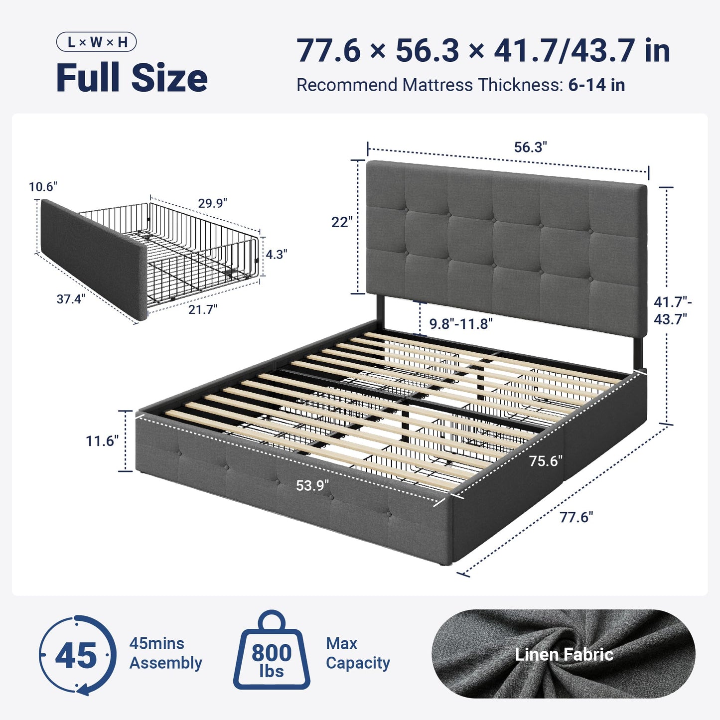Allewie Upholstered Full Size Platform Bed Frame with 4 Storage Drawers and Headboard, Square Stitched Button Tufted, Mattress Foundation with Wooden Slats Support, No Box Spring Needed, Light Grey