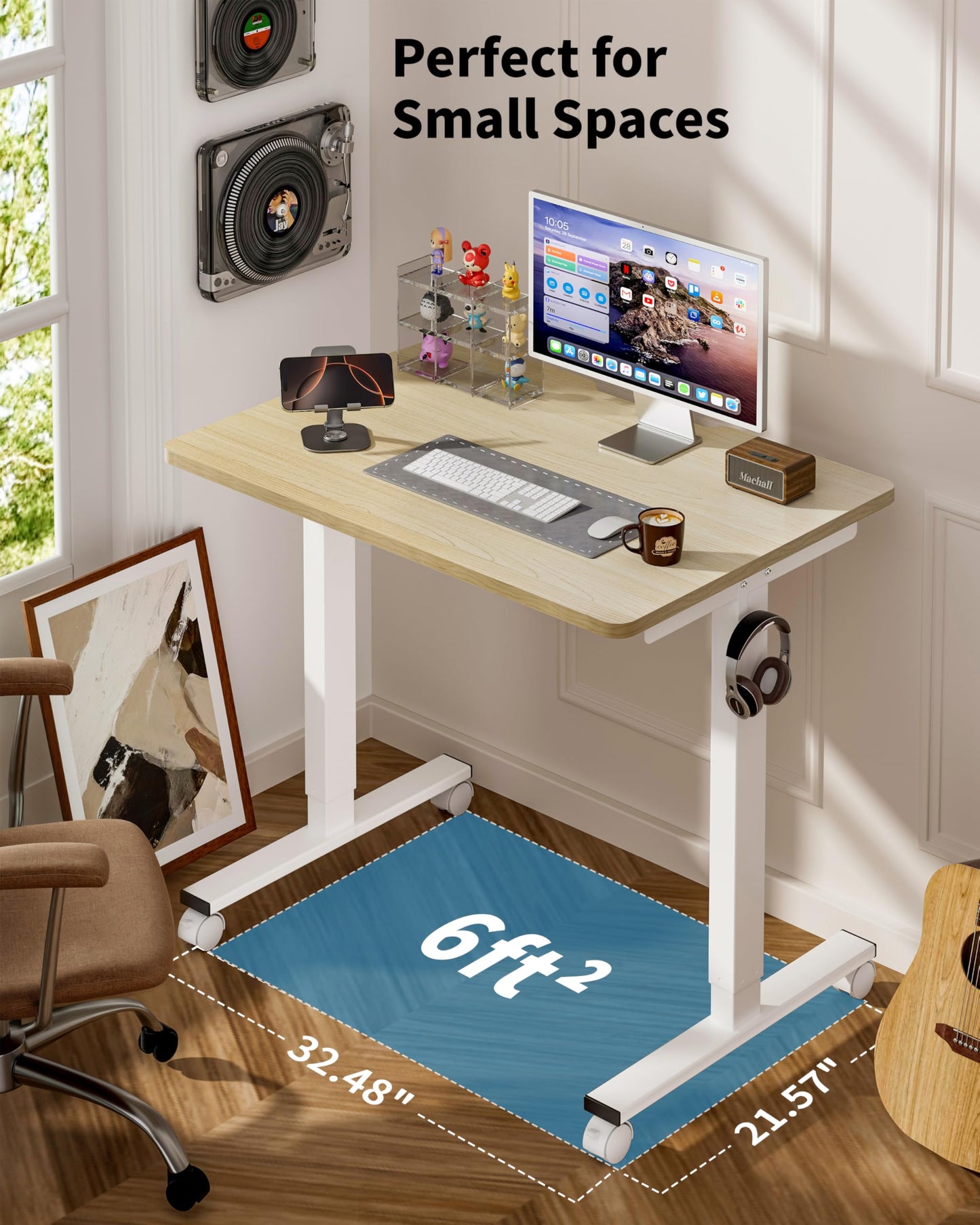 Okin Small Electric Standing Desk, 36" x 24" Whole Piece Height Adjustable Desk, Oak Sit to Stand Computer Workstation with Wheels for Home Office