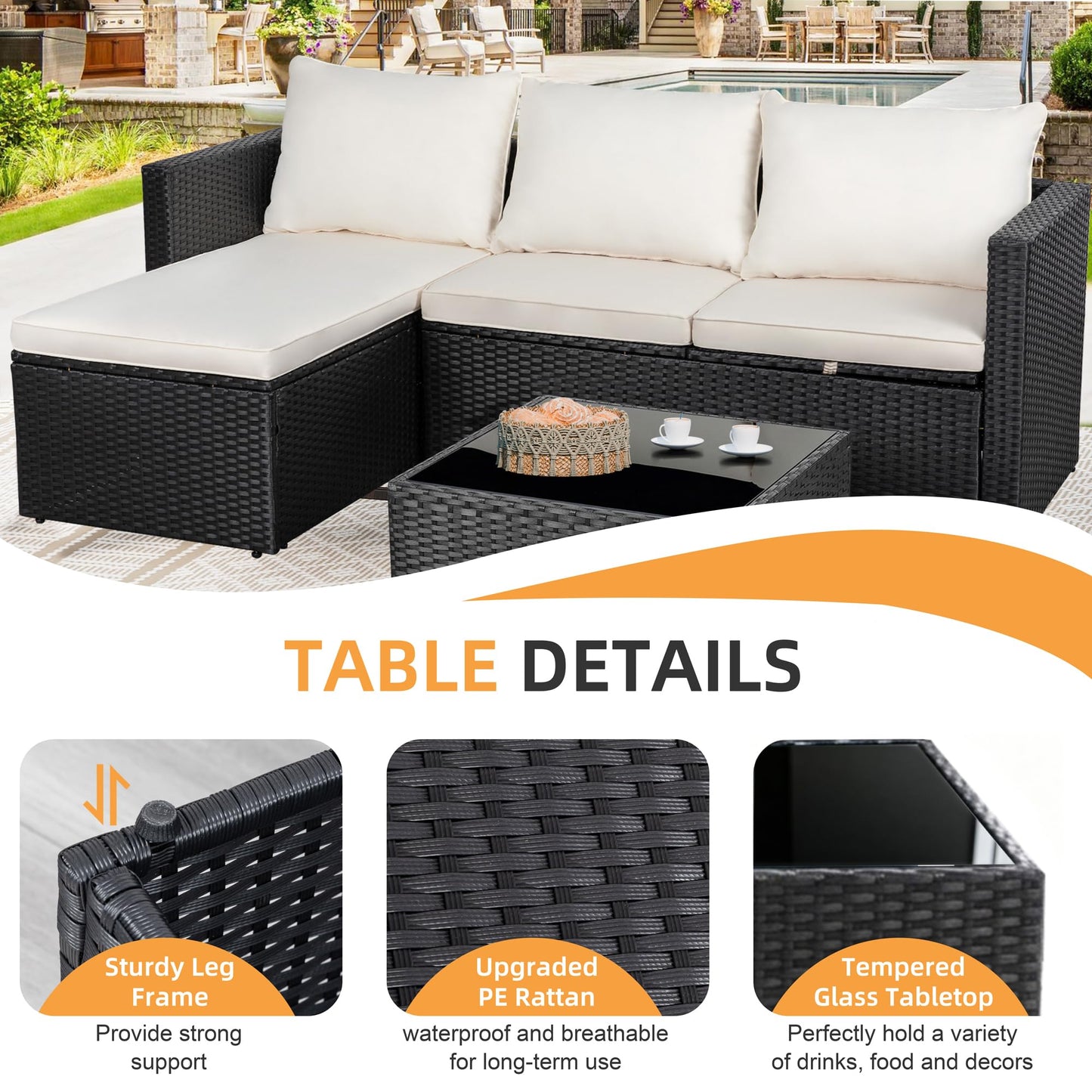 Shintenchi 4 Pieces Patio Furniture Set, 2-in-1 Convertible Sectional Sofa & Chaise Lounge, All-Weather Wicker Rattan Sofa Couch with Cushions & Coffee Table for Yard, Garden, Porch, Poolside (Beige)