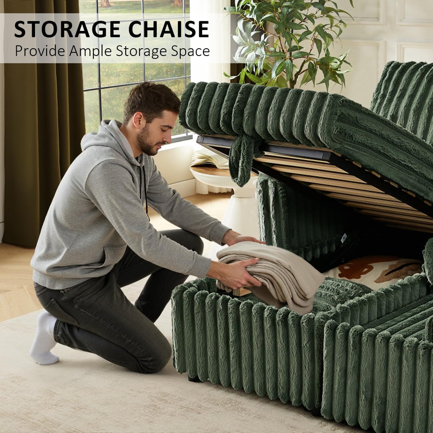 KCGKCG Sleeper Sofa Bed, 81” Pull Out Couch Bed with Reversible Storage Chaise, 3 in 1 L-Shaped Couch with Charging Station, Cup Holder, Side Pocket, Plush Corduroy Couches for Living Room(Green)
