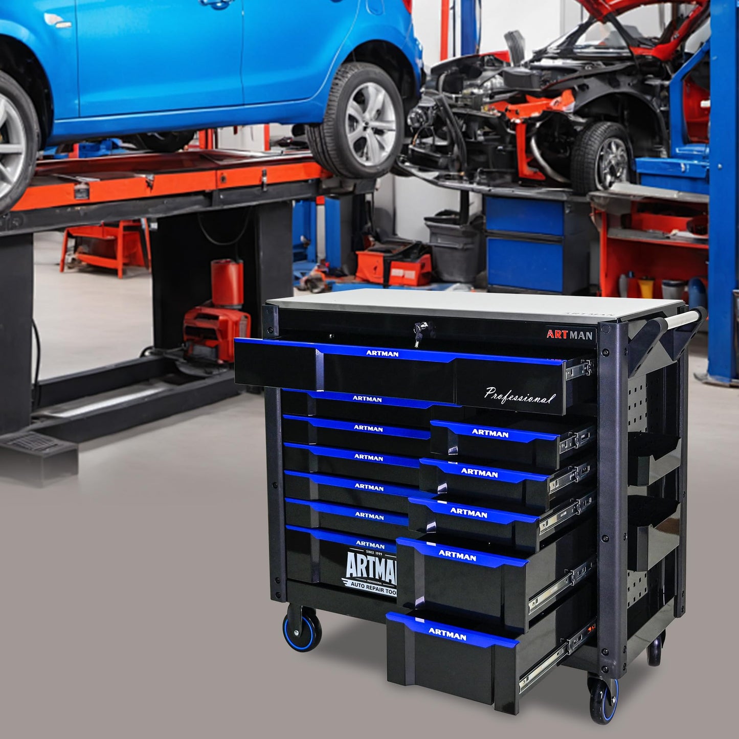 KEIKI 12 Drawer Rolling Tool Cart with Wooden Top, Metal Tool Cabinet with Wheels and Handle, Heavy Duty Storage Organizer for Garage Workshop (Black&Blue)