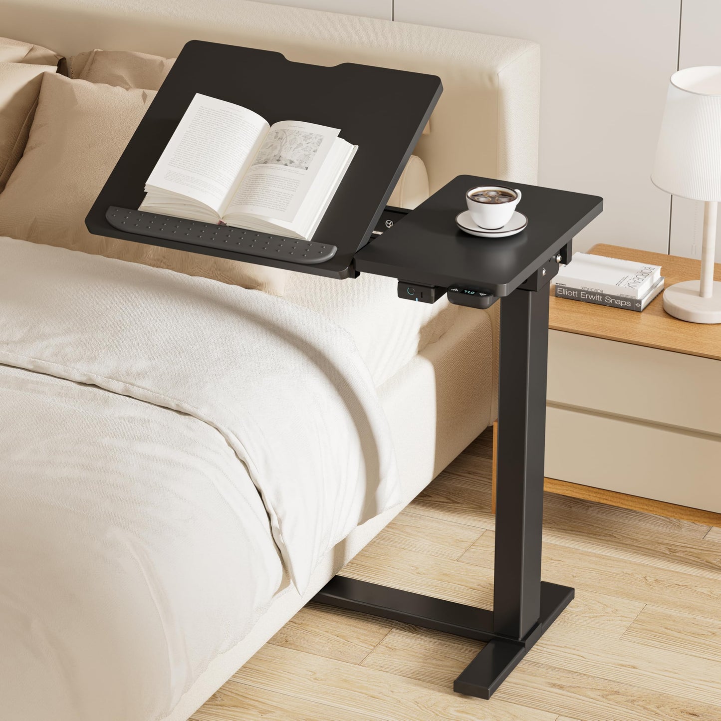 BIZUM Small Electric Standing Desk, Overbed Table Wireless Tilt Top with Hidden Wheels, 27.6×15.8 Inch Adjustable Rolling Laptop Desk, USB-C Rechargeable Battery, Black