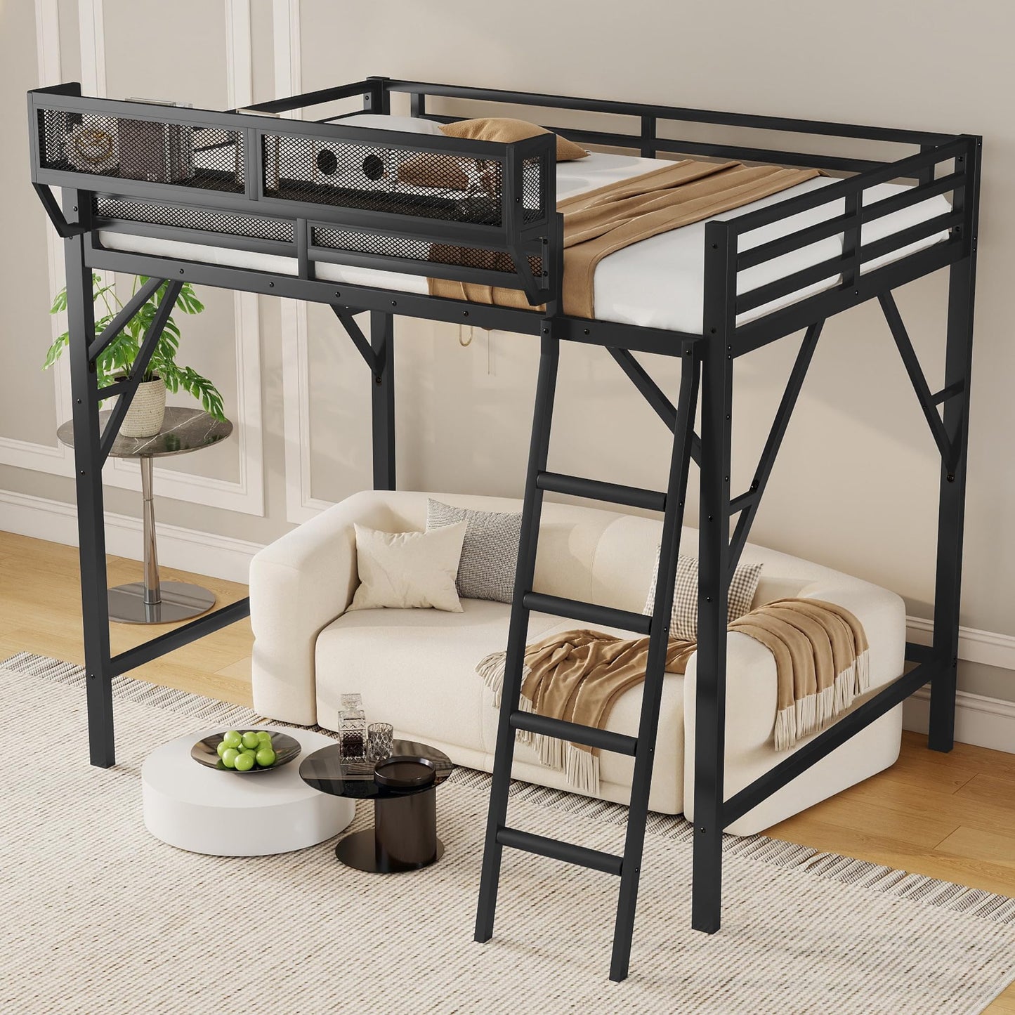 KEIKI Full Size Metal Loft Bed Frame with Ladder and Built-in Storage Shelves, for Teens, Modern Style Loft Bed with Solid Slats, Guardrail, No Box Spring Required, Easy Assembly, for Bedroom, Black