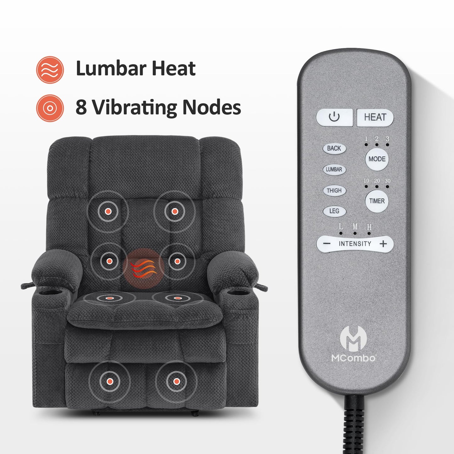 MCombo Oversized Power Lift Recliner Chair for Elderly, Dual Motor Lift Chair with Heat and Massage, Lay Flat Lift Chair for Big and Tall, Cup Holders, Fabric R7891 (Oversize, Dark Gray)