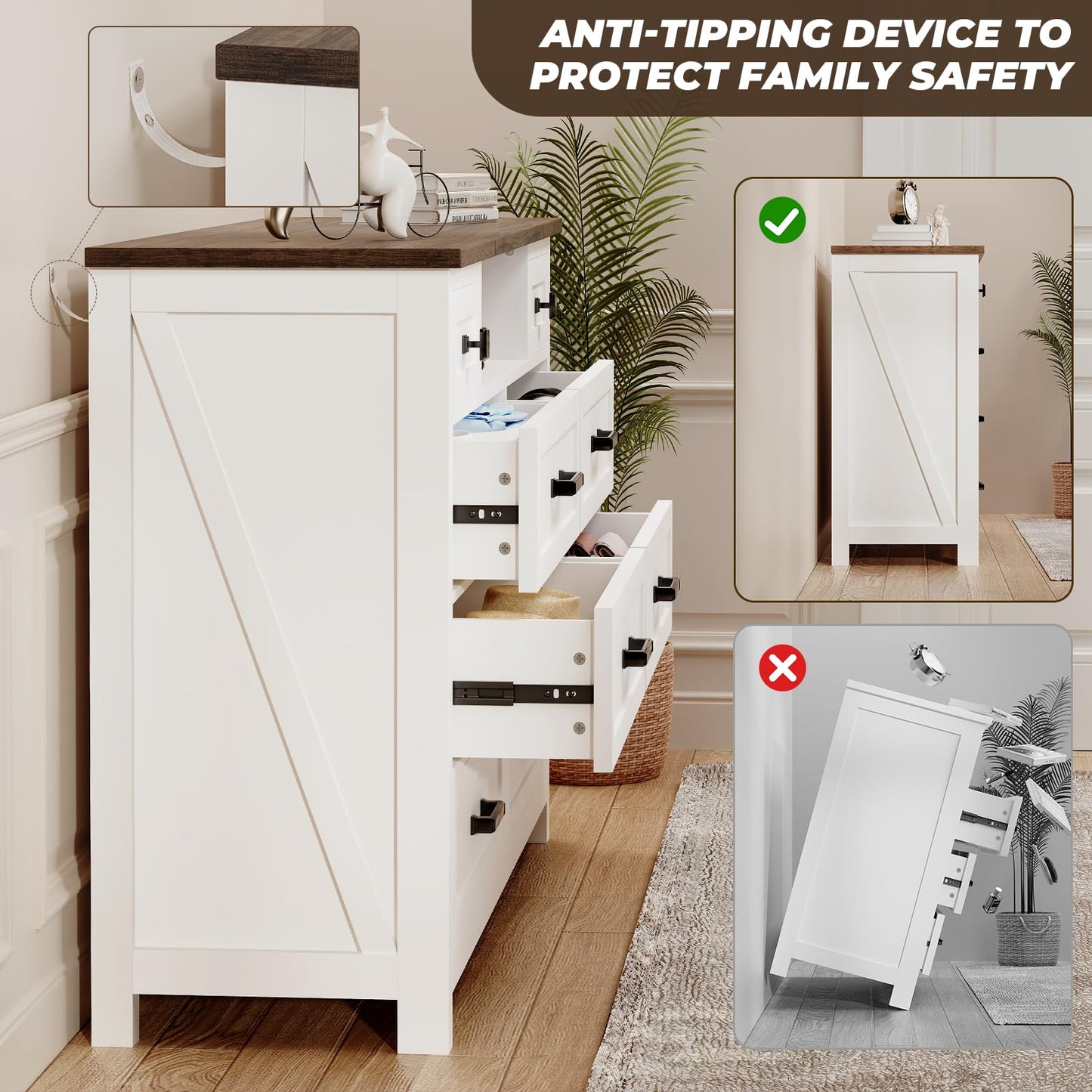BROTTAR Dresser with Mirror for Bedroom, Chest of Drawers with LED Mirror, 8 Drawer Dresser, White Dressers for Kids, Wood Dressers, Farmhouse Makeup Vanity with Storage for Bedroom