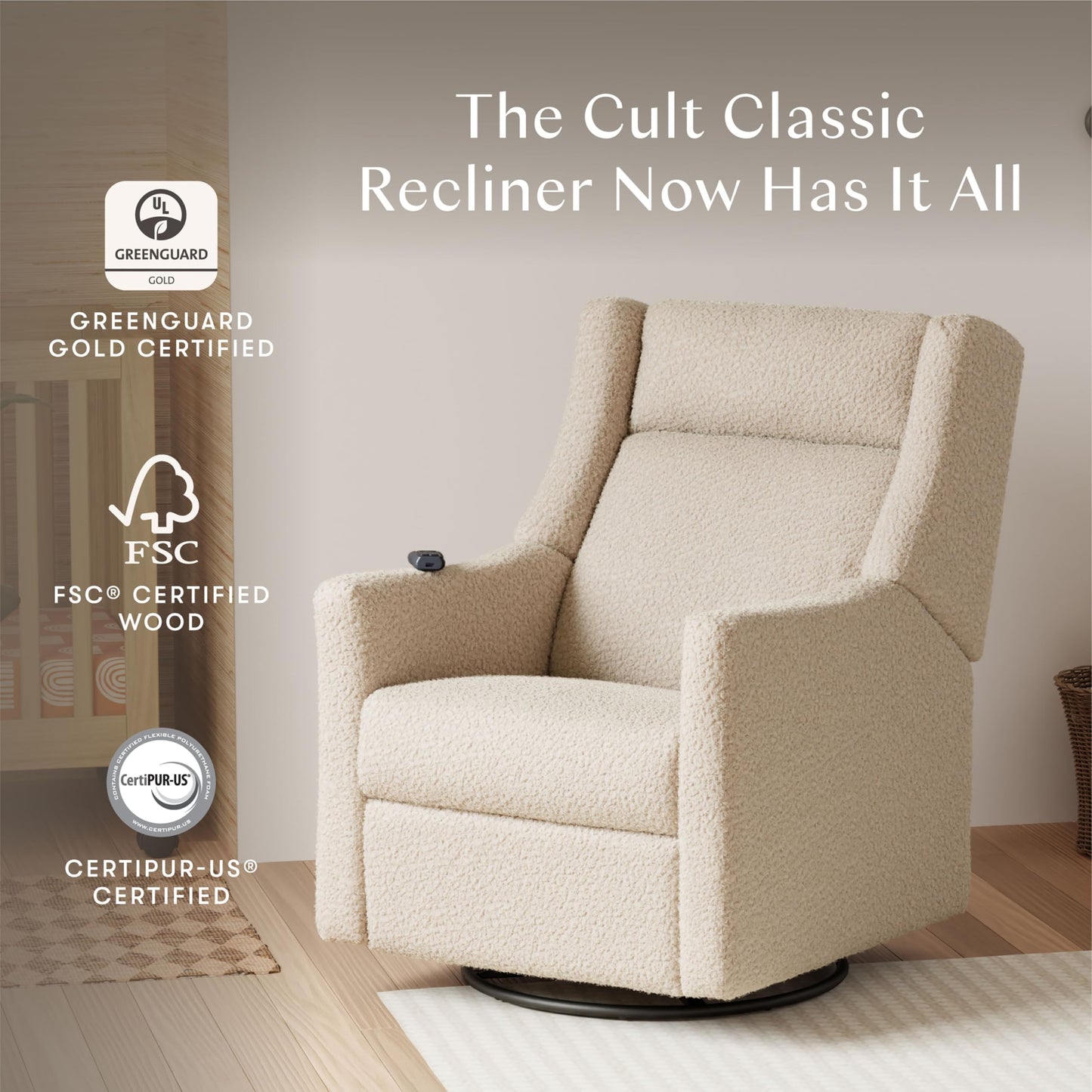 Babyletto Kiwi Deluxe Power Recliner and Swivel Glider with Heat and Massage in Almond Teddy Loop, Built-in USB Charging Port, Adjustable Headrest, Greenguard Gold, FSC and CertiPUR-US Certified