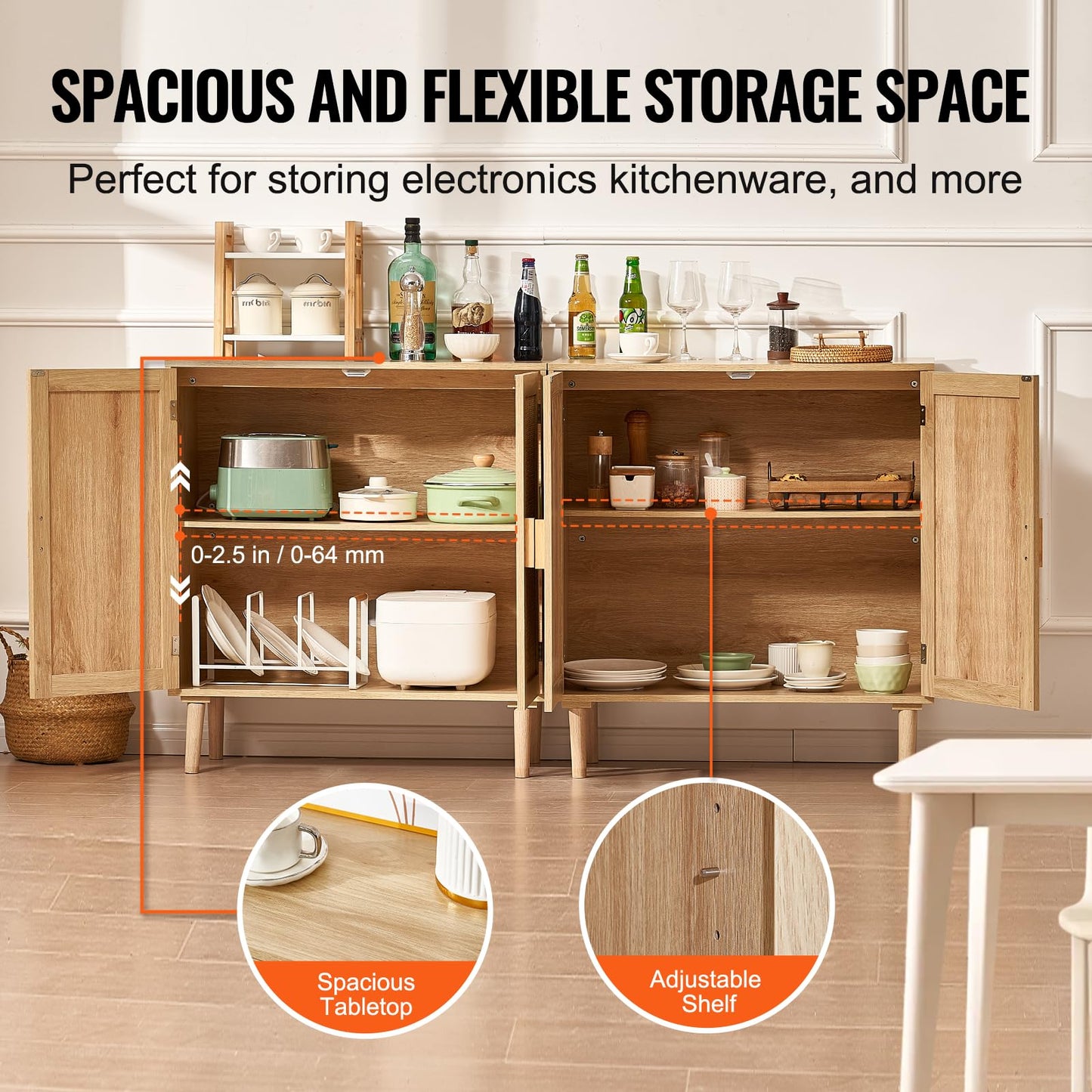 VEVOR Rattan Buffet Cabinet with Storage, 4 Magnetic Doors and Adjustable Shelves, Sideboard for Hallway, Living Room, Kitchen, Natural