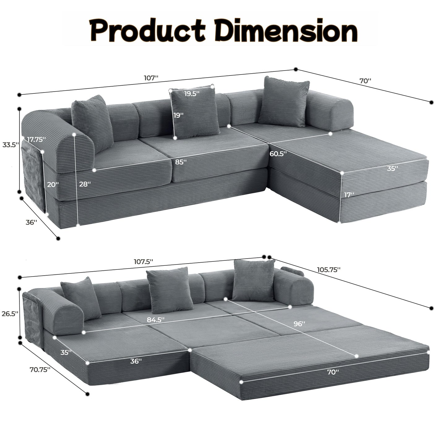 Topcomfy 106.3" Modular Sectional Sleeper Sofa with Metal Frame Support, Convertible 4-Seater L-Shaped Cloud Couch for Living Room, Corduroy Memory Foam Pit Sofa, Gray