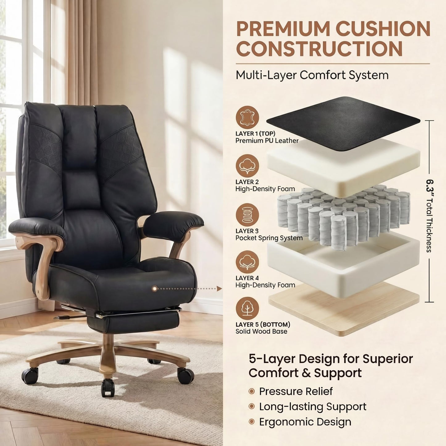EXCEBET Big and Tall Office Chair 400lbs Wide Seat, Ergonomic Executive Desk Office Chair with Footrest, High Back PU Leather Chair with Lumbar Support, Padded Armrests, Heavy Duty Base, Black